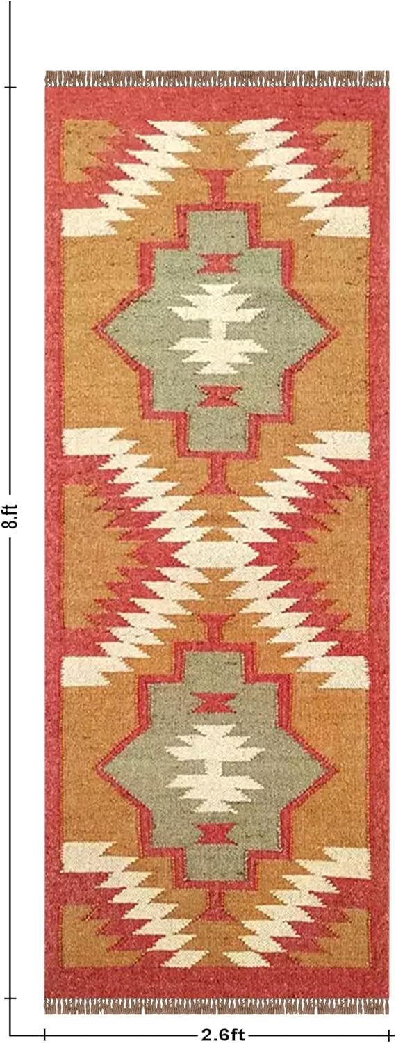 Runner Jute Kilim 6x12 Red & Multi Hand Woven Large Area Runner Indoor Outdoor Kitchen Entryway Runner Rugs for Living Room Large Wool Jute Runner Rug Flatweave Wool Jute Rug