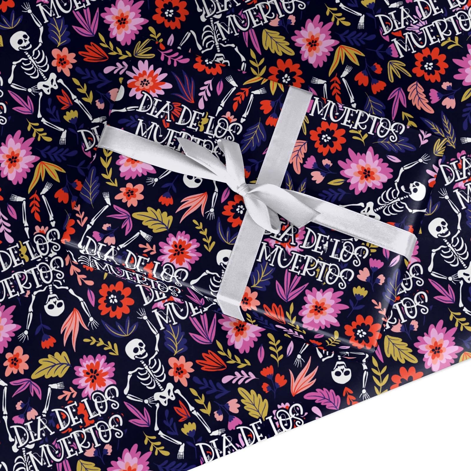Dyefor Floral Skeleton Wrapping Paper Gift Wrap – Day of the Dead Halloween Party Birthday Gift Wrap – Recyclable Eco Friendly Gothic Themed Present Wrap - Large Roll (50cm x 3.6m)