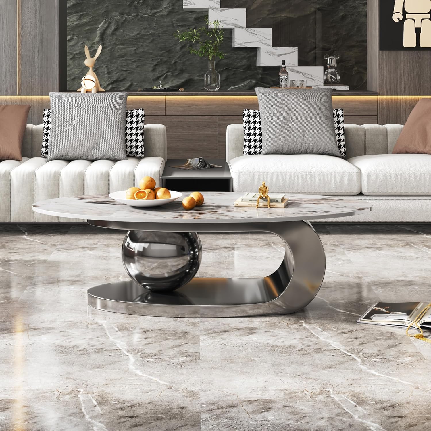 51" Oval Coffee Table, Mid Century Modern Coffee Table with White Faux Marble Tabletop & Stainless Steel Pedestal Base, Minimalist Cocktail Center Table for Living Room Apartment Home Decor, Silver