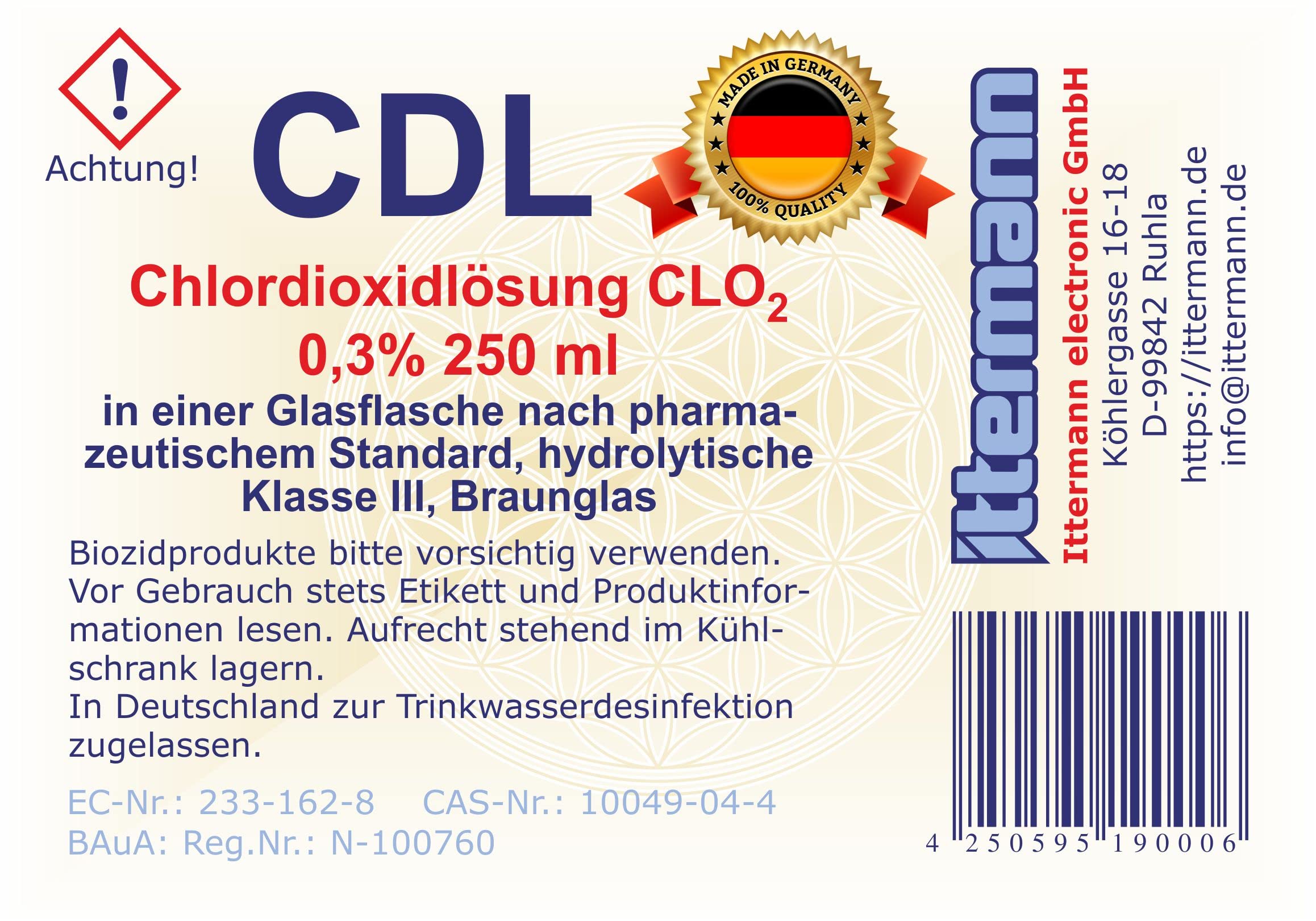 Ittermann CDL/CDs Chlordioxidlösung 0,3% 250ml für Wasserdesinfektion - Chlordioxid Tropfen mit Pipette für Wasseraufbereitung, CDs/CDL Lösung für Trinkwasseraufbereitung, Wasser Desinfektion Gelb