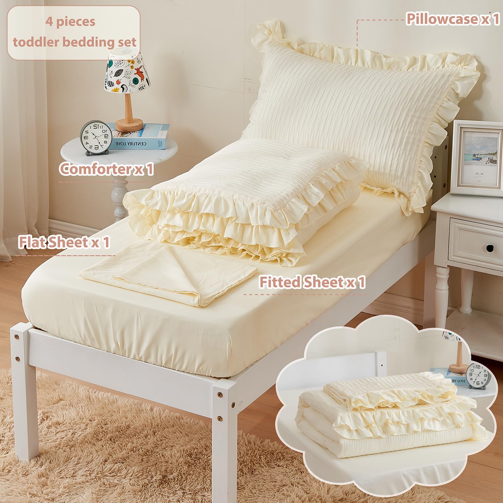 4 Piece Textured Seersucker Toddler Bedding Set Girls Crib Sheets Set Beige Ruffle Baby Bed Comforter Set Soft Lightweight Bed in a Bag | Include Comforter, Flat Sheet, Fitted Sheet, Pillowcase