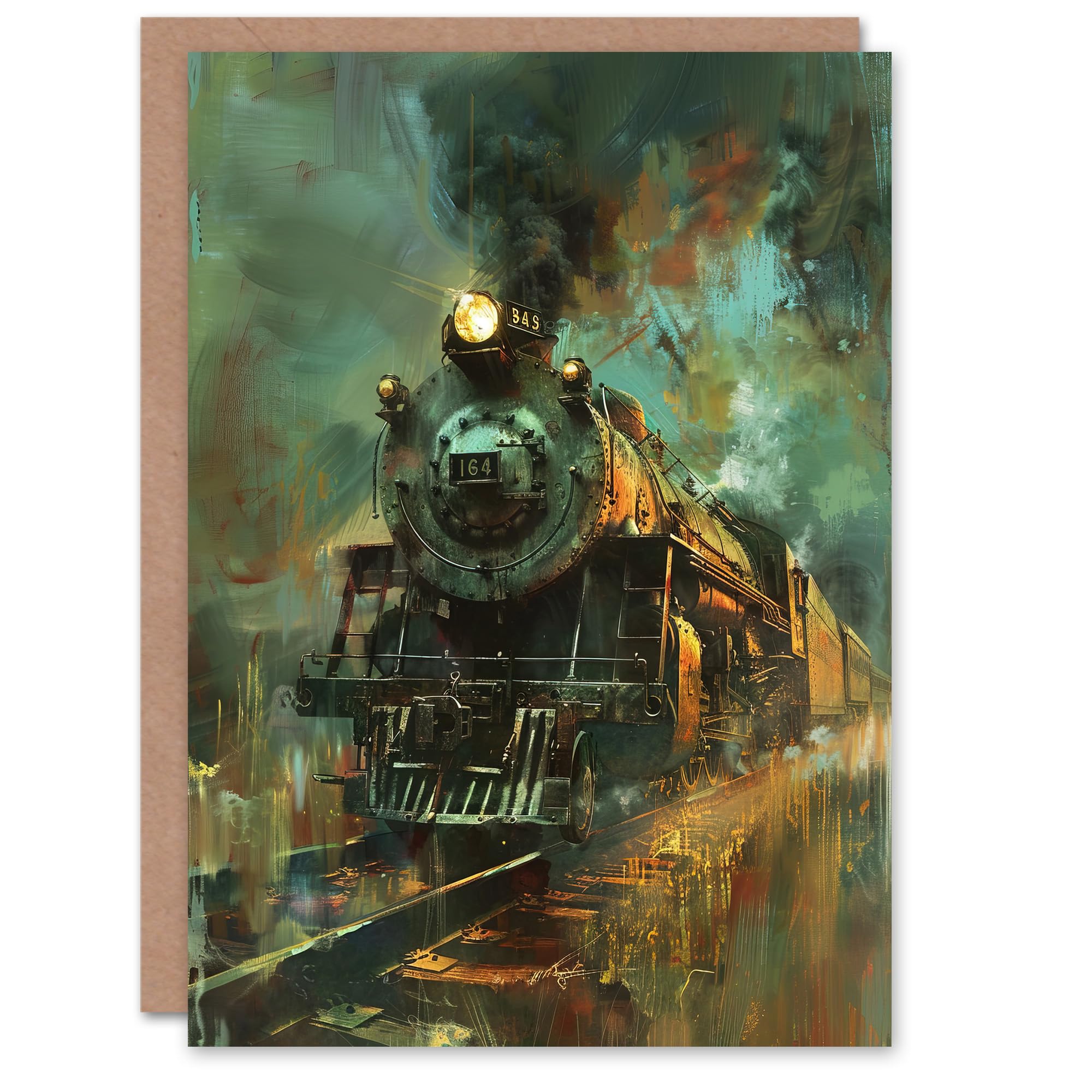 Artery8 Greeting Card Steam Train on Tracks Modern Painting Dark Blank For Him Or Her Art Birthday Card