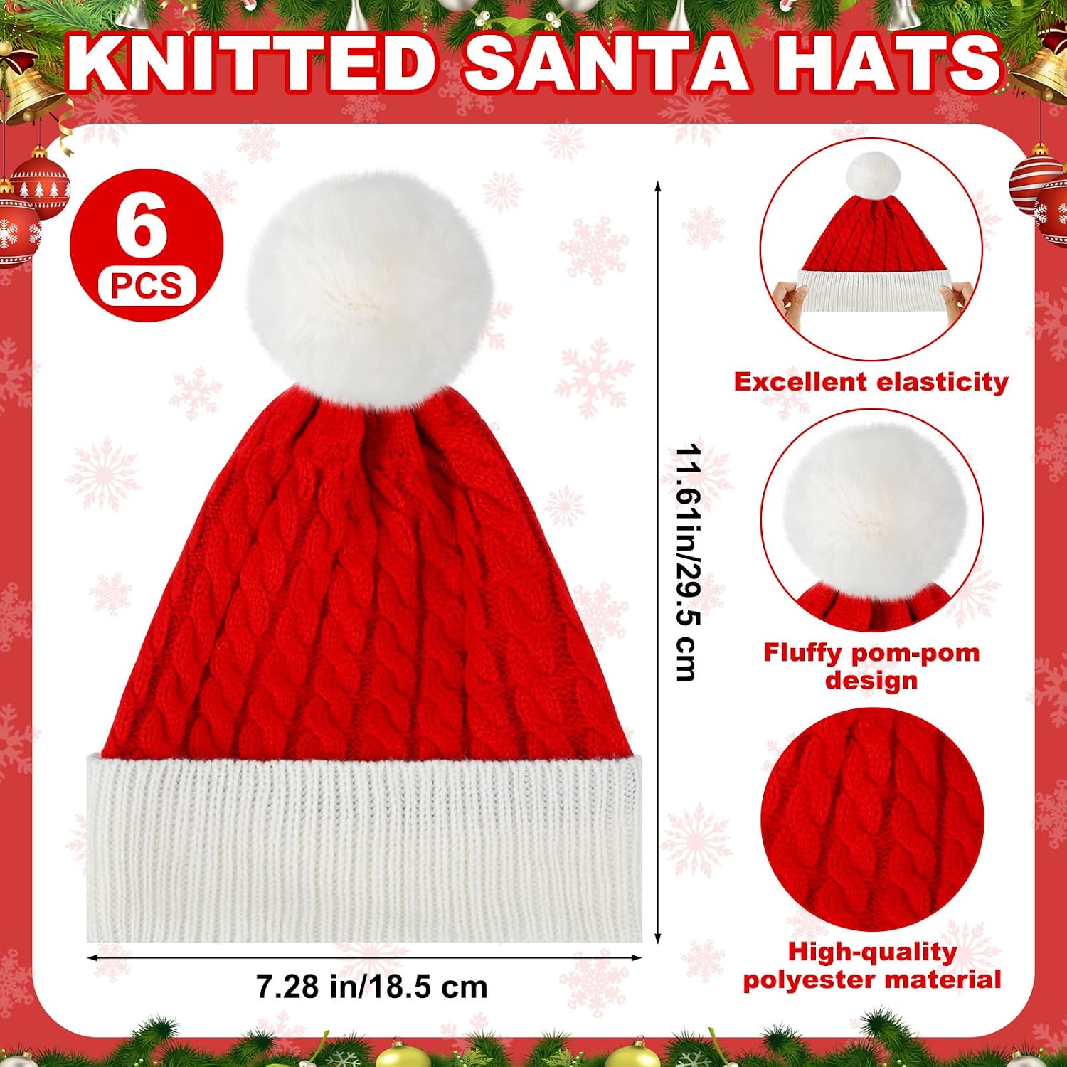 Christmas Hat Knitted Red Beanie Hats for Adults, Thicken Santa Hat