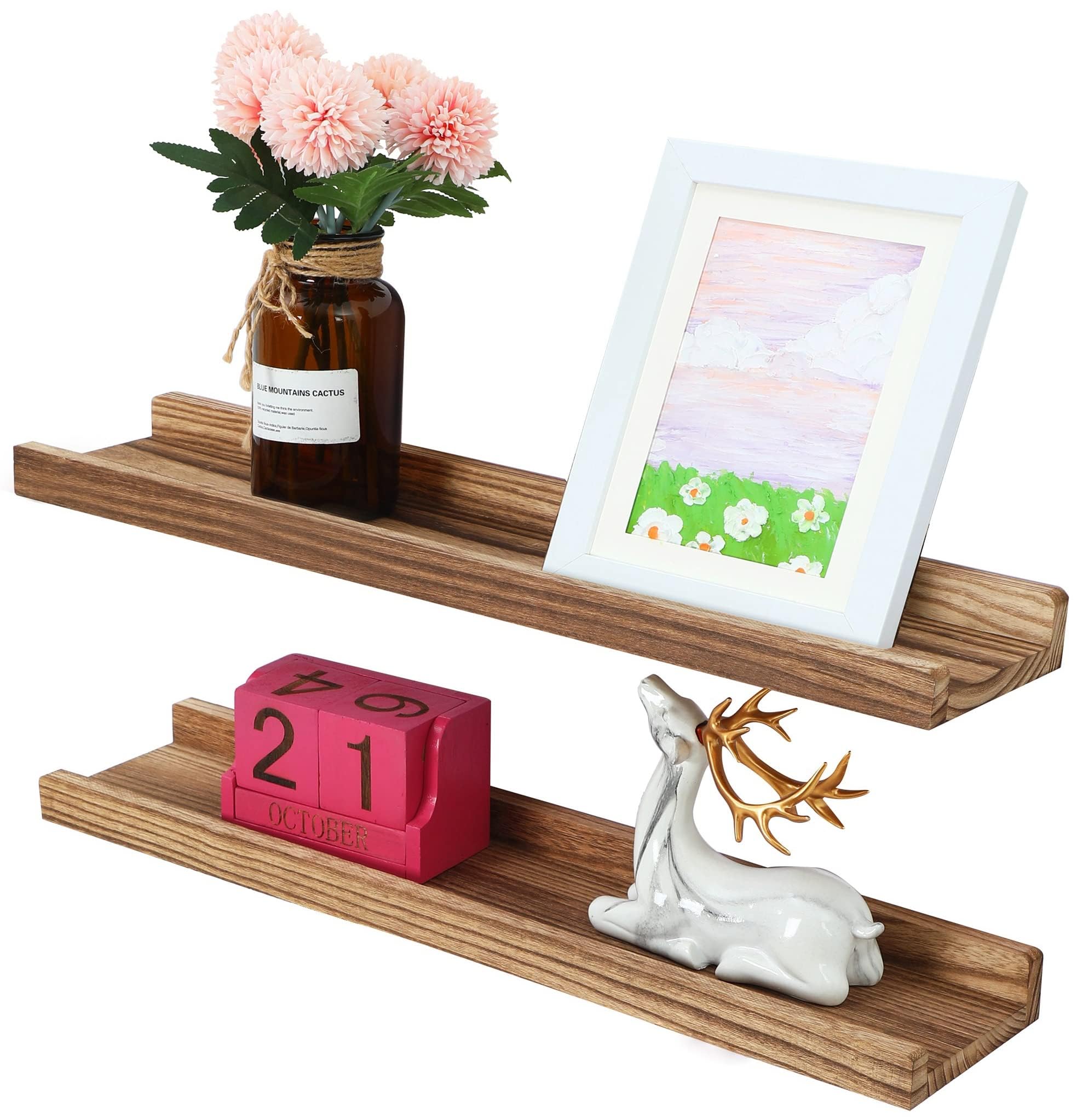PHOENANCEE Long Floating Shelves Set of 2,Wood Picture Ledge with Lip,Photo Frames Storage Display Wall Mounted for Living Room Bedroom Kitchen Nursery Kids Room,Home Decor Rustic 24 Inch