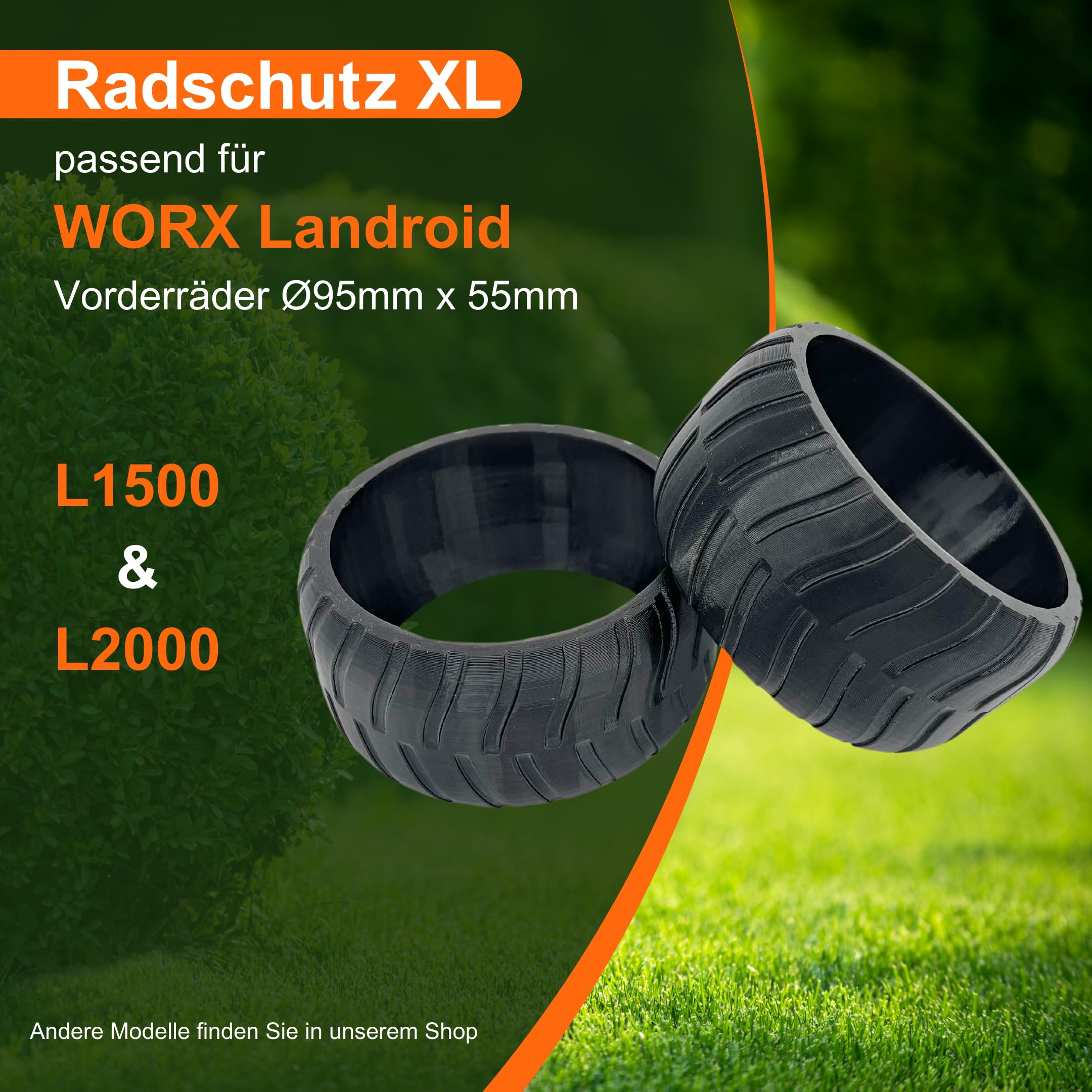 2 protezioni per ruota compatibili con Worx Landroid L1500, L2000, WR155E, WR153E, rivestimento per ruota anteriore, profilo robusto tuning, miglioramento della trazione, prodotto in Germania