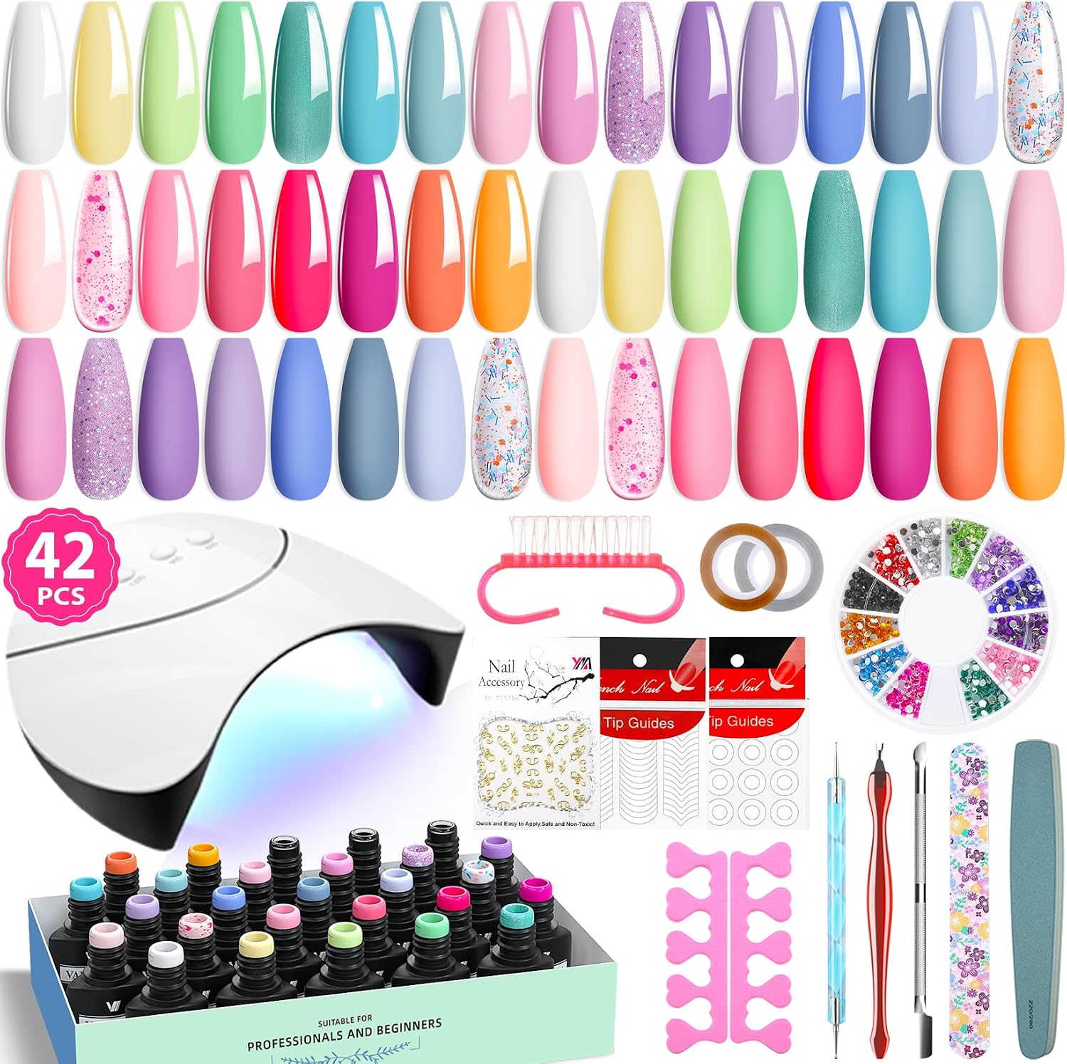 VANREESA 42 Pcs Gel Nail Polish Kit with U V Light 24 Popular Colors Gel Polish Nail Kit Green Blue Purple Pink Orange Complete Nail Kit wi...