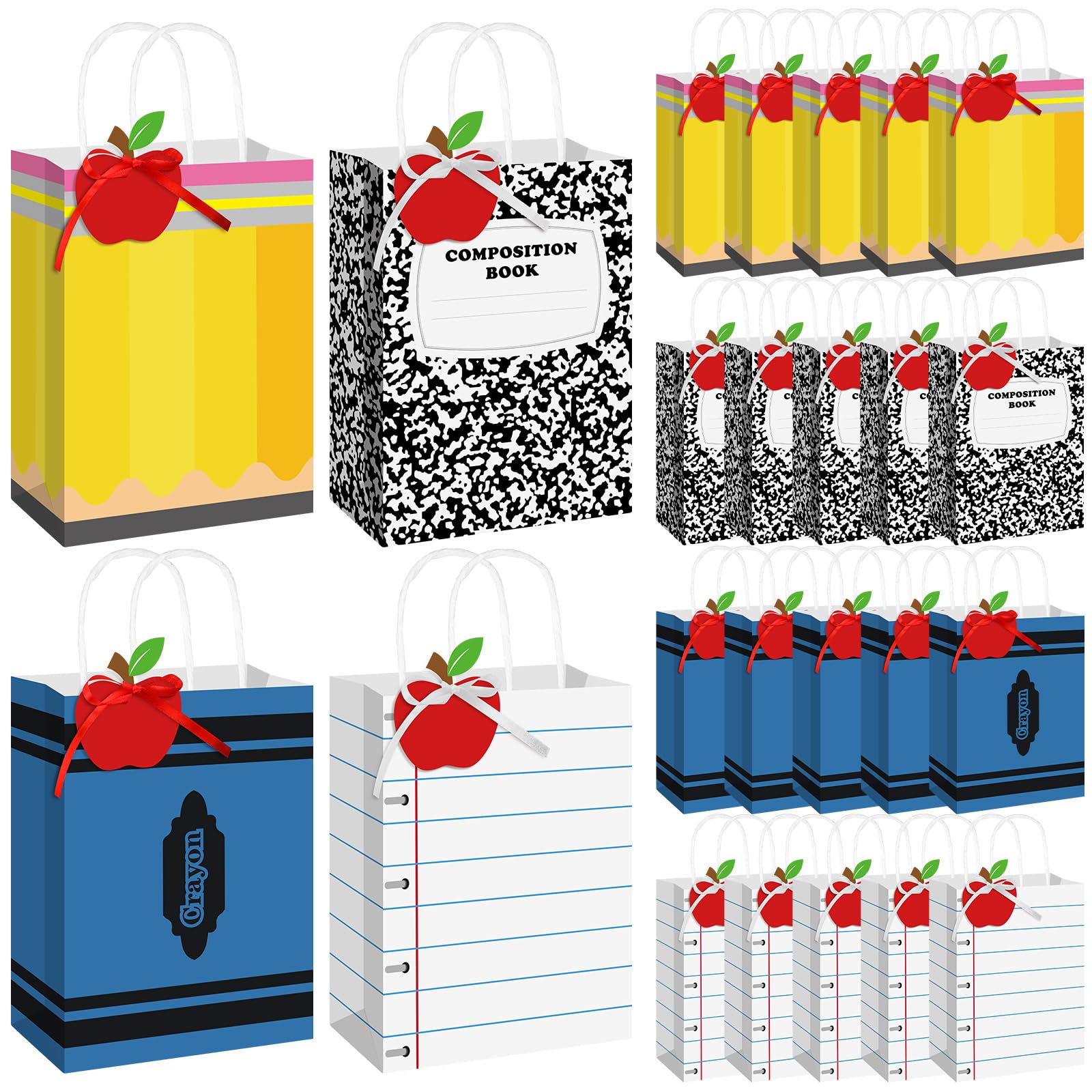 Geyoga 24 Sets Valentine's Teacher Gift Bags Thank You Gift with Apple Tags Pencil Notebook Composition Book Crayons Bags Teacher Appreciation End of