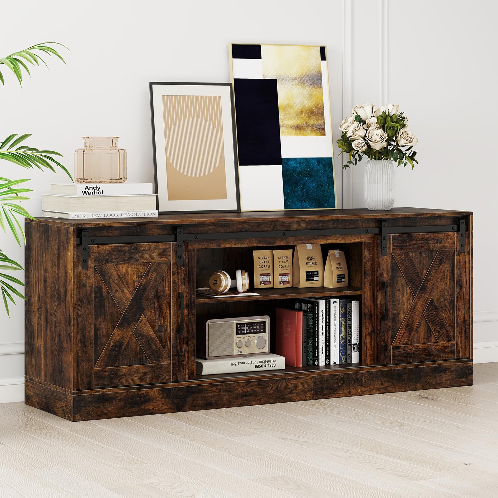 COSTWAY Mobile TV Soggiorno fino a 70'', Tavolino Porta TV con Porte Scorrevoli, Ripiani Regolabili, Consolle Media 150 cm per Soggiorno, Camera da Letto e Ingresso
