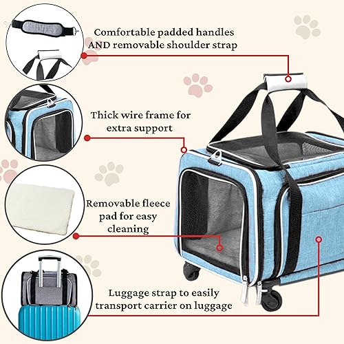 Vista 27 de Transportador de mascotas expandible de alta calidad aprobado por aerolíneas, transportador rodante de dos caras, diseñado para perros y gatos