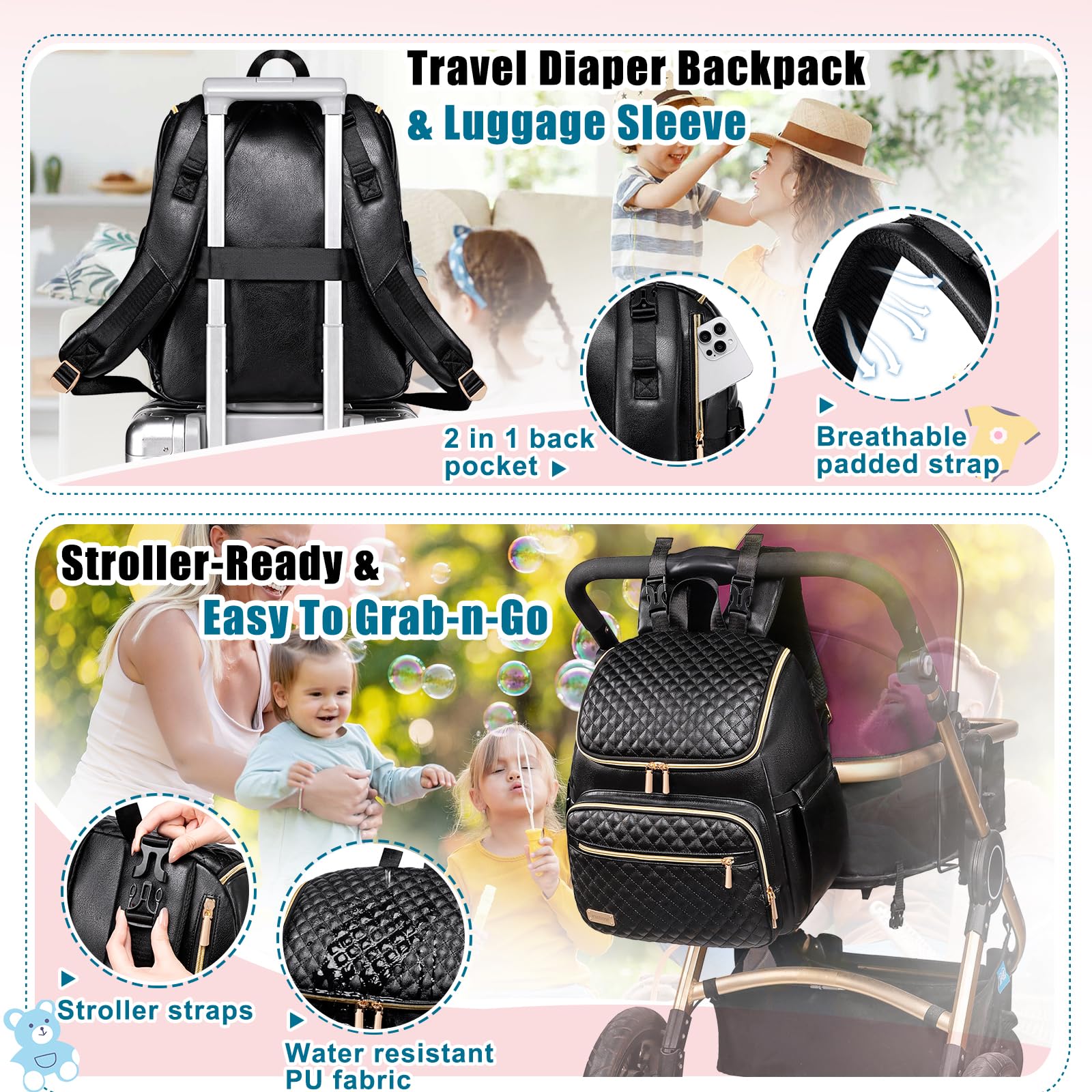 Weitars Mochila para pañales para bebé con cambiador, mochila para pañales de viaje, bolsa de bebé para mamá, 5 bolsillos aislados