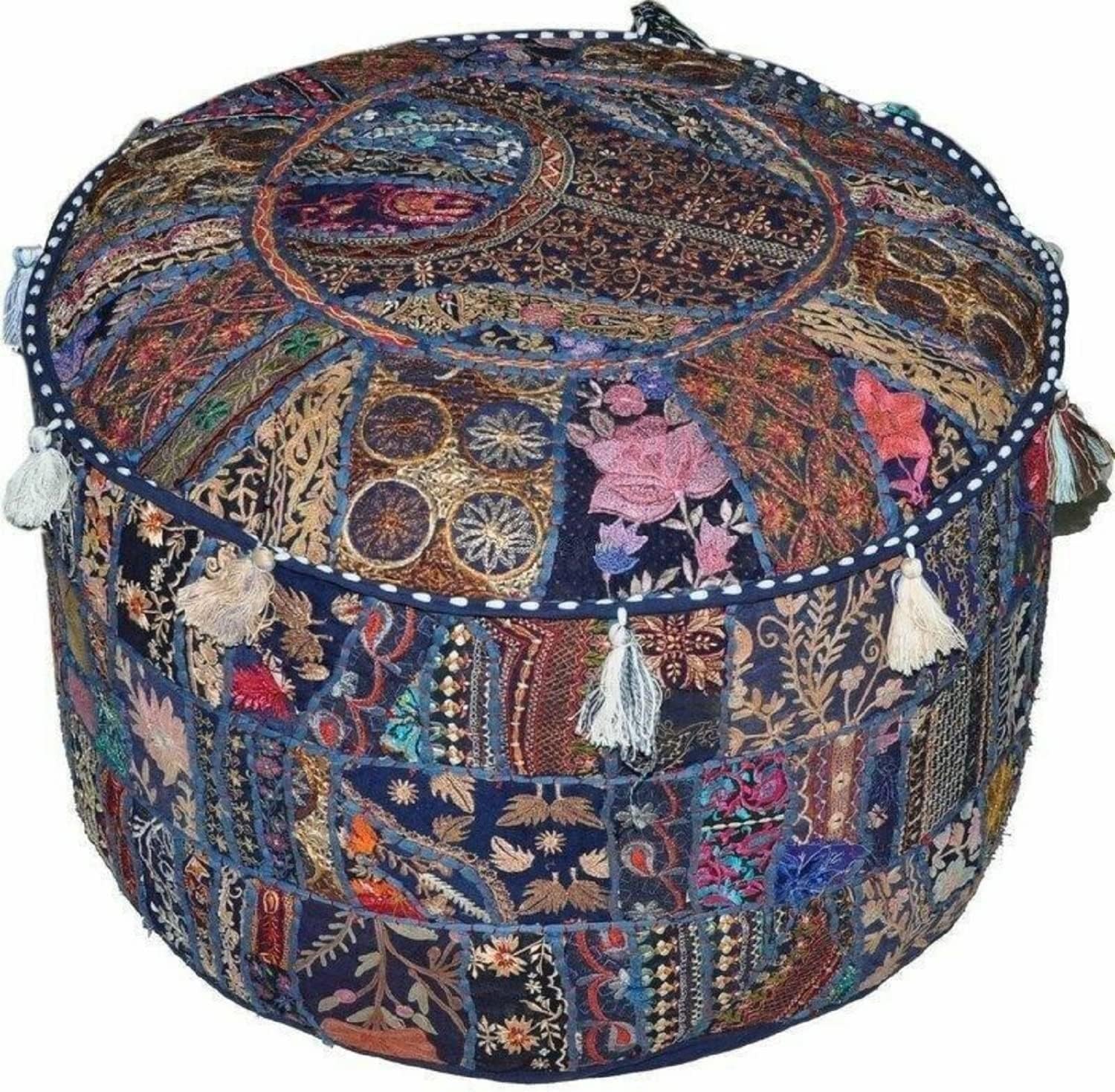 Indian Pouffe Floor Ottoman Pouffe Cotton Patchwork Embroidered Decor Seating (18" x 18" x 14" Inch)