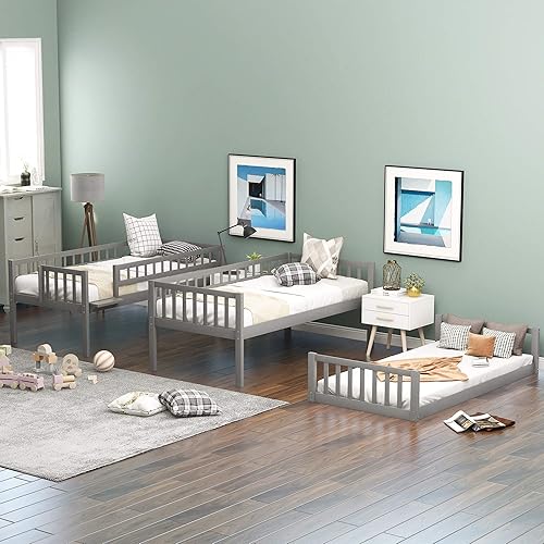 Miniatura 5 de Literas triples 3 camas en 1 con tobogán convertible literas de madera maciza individual sobre individual sobre individual litera triple con