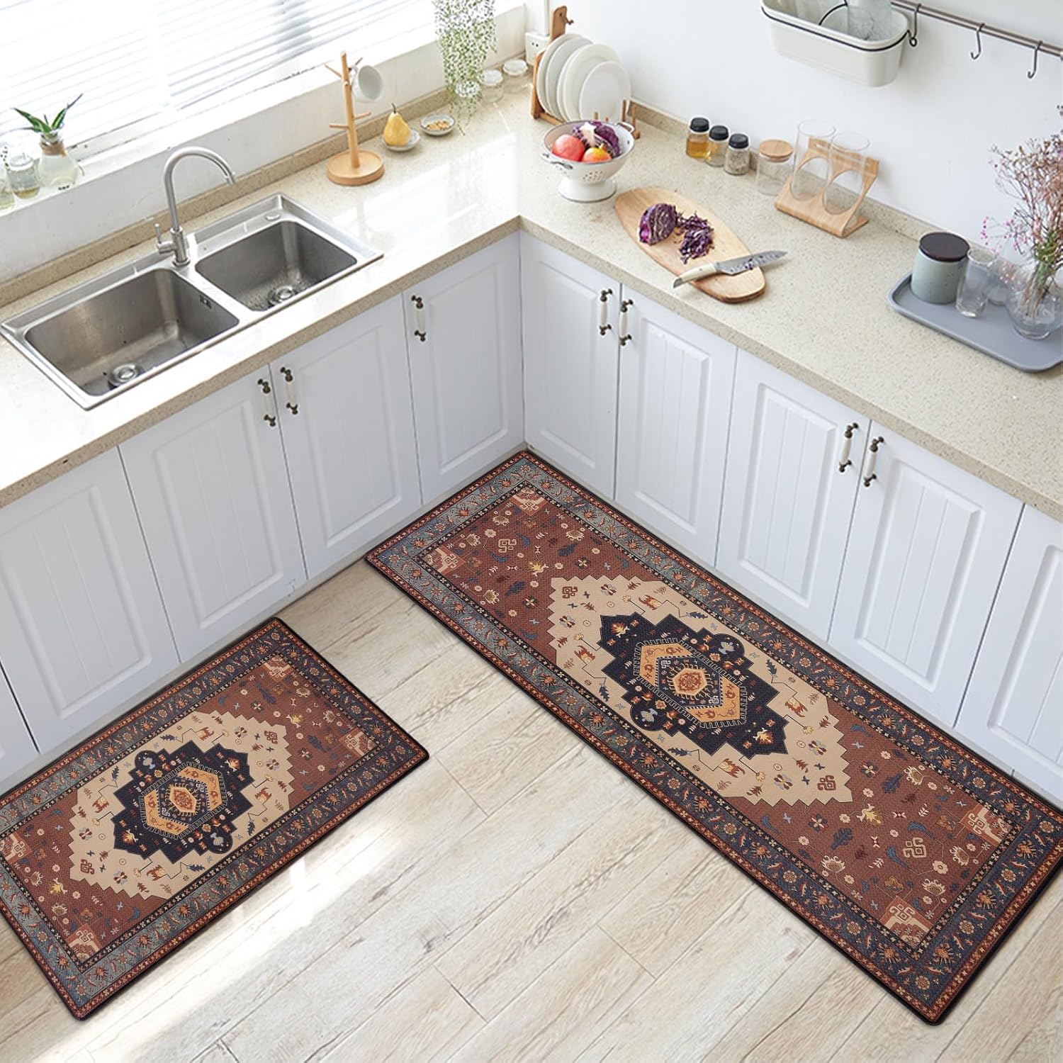 MOSISO Kitchen Mats for Floor, 2 Piece Anti Fatigue Kitchen Rugs Set, Vintage Ethnic Geometric Cushioned Memory Foam Washable Non-Slip Standing Floor Mat for Hallway, Laundry, 30x18+47x18inch, Red