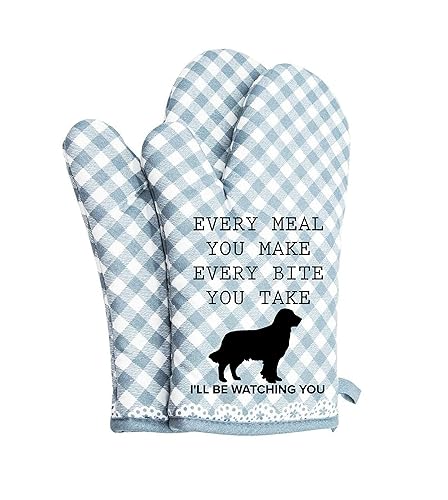 Oven mitts cute pair kitchen Potholders BBQ Gloves cooking baking grilling non slip cotton BLUE (Golden Retriever)