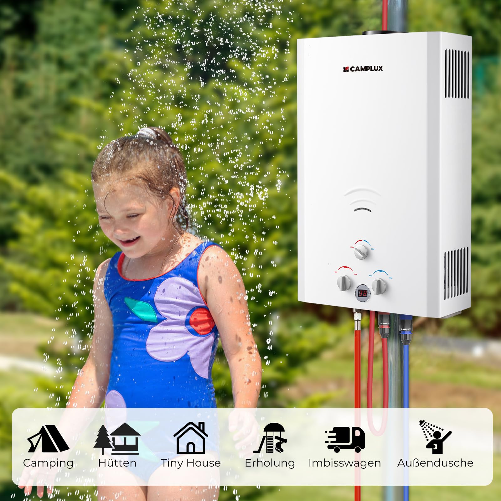 CAMPLUX 16 Liter Gasdurchlauferhitzer im Freien, 50mbar Tankless Gasdusche mit Gasregler, Propanga/Butangas, für Campingdusche/Wohnmobilausflug/Waschpferd, BW422-DE