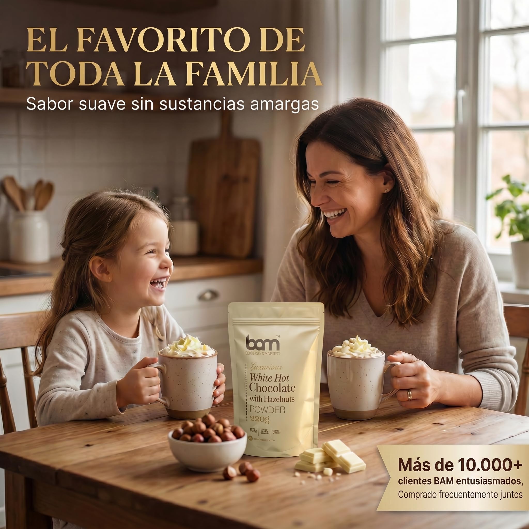 BAM Chocolate Blanco a la Taza con Avellanas, 220 g – Chocolate Caliente en Polvo – Preparado para Bebida Suave y Cremosa con Cuchara Medidora