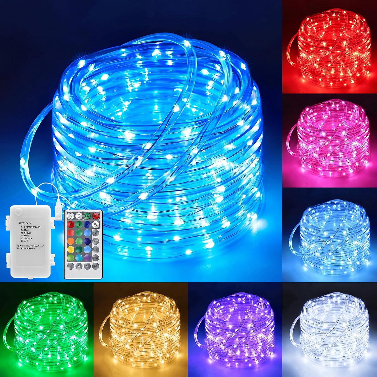 echosari 53Ft Rope Lights Outdoor Battery Operated, 160 LED Rope String Lights Colors Changing with Remote Timer Waterproof Rope Lights for Patio Garden Camping Decoration