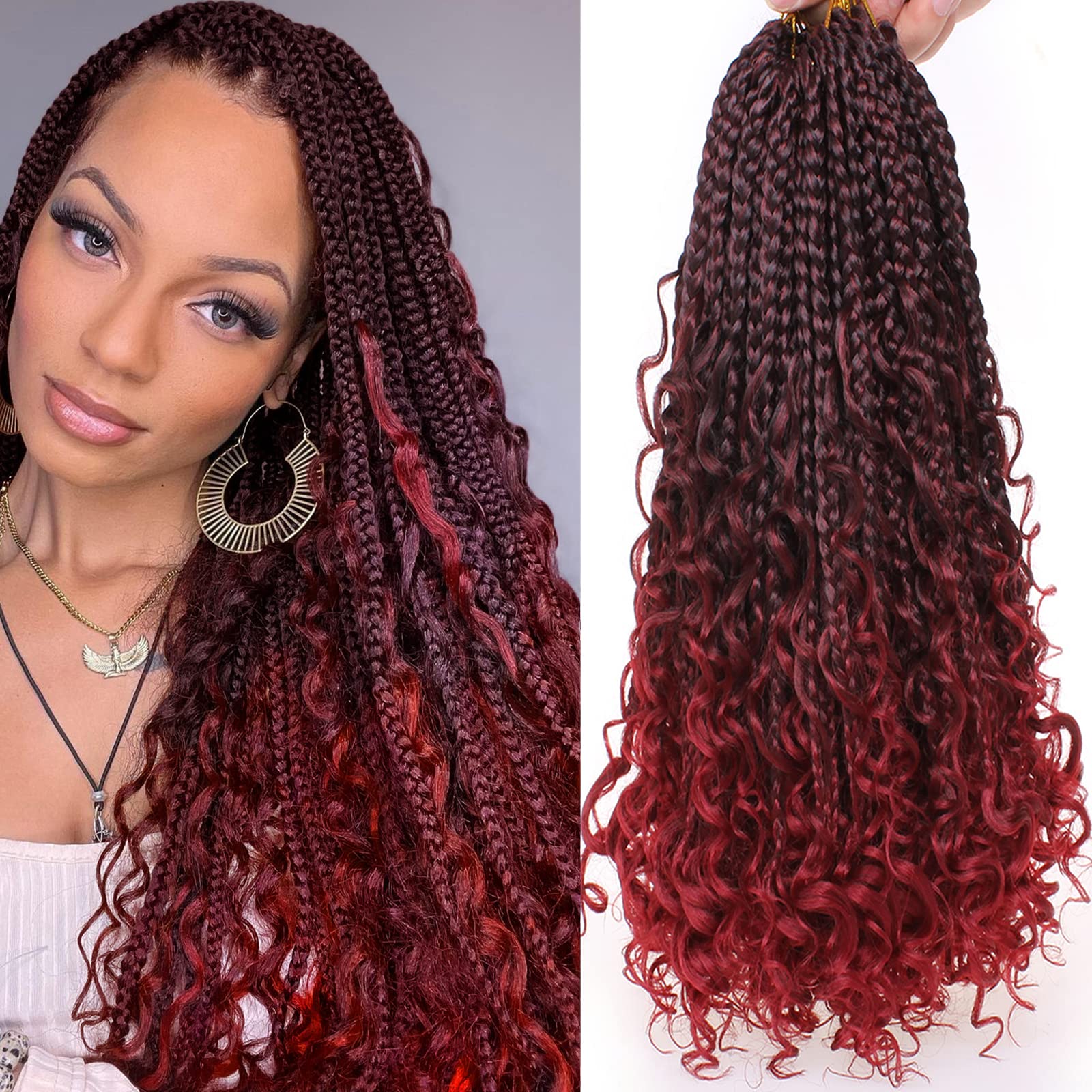 Samtress Boho Box Braids 18 Inch 8 Packs Ombre Burgundy Goddess Box Braids with Cruly Ends Pre Looped Messy Bohemian Box Braids Synthetic Braiding Hair Extensions for Women (#TBUG)