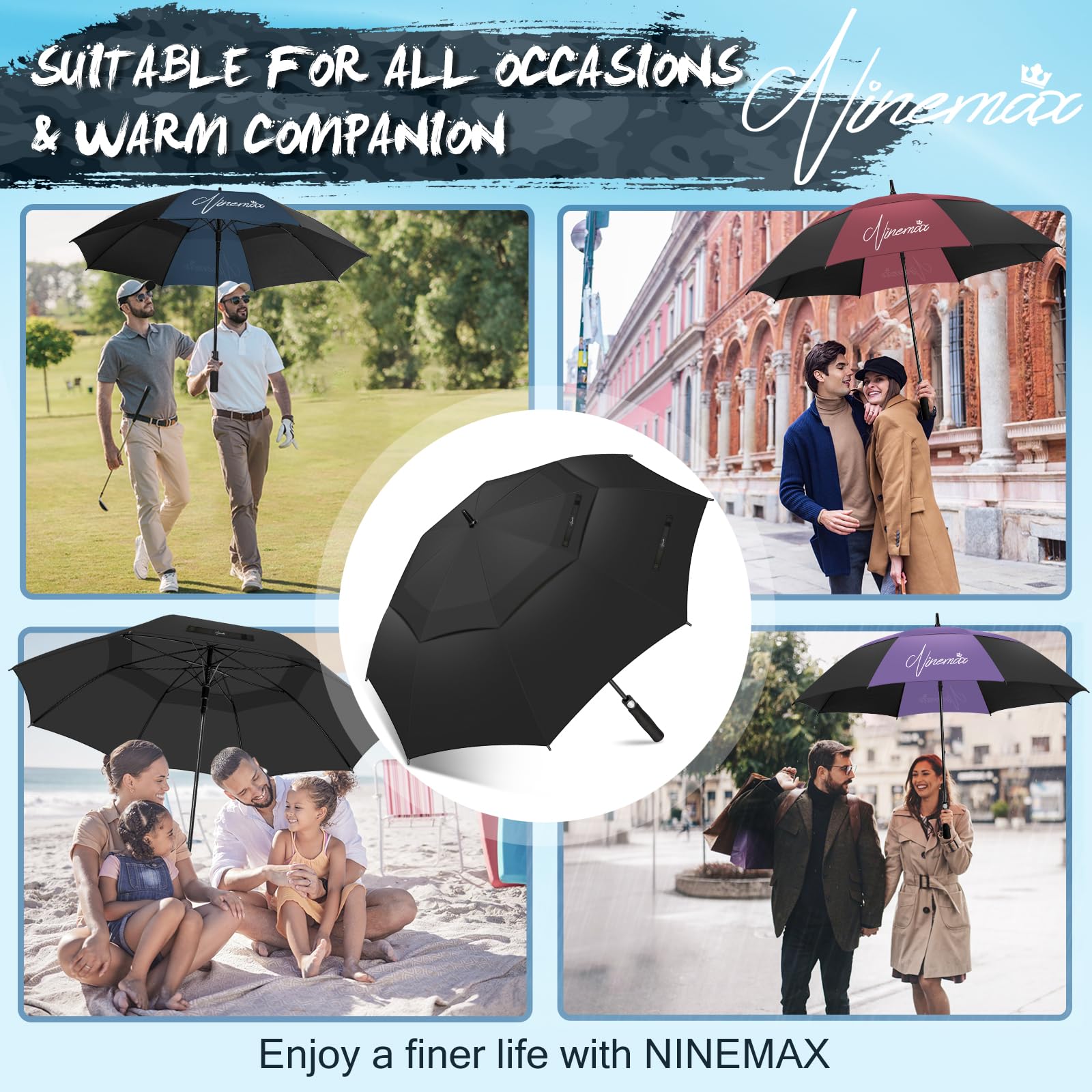 NINEMAX Parasol golfowy automatycznie otwierany 152/162 cm - podwójny baldachim parasol golfowy duży parasol wiatroszczelny z paskiem dla mężczyzn i kobiet