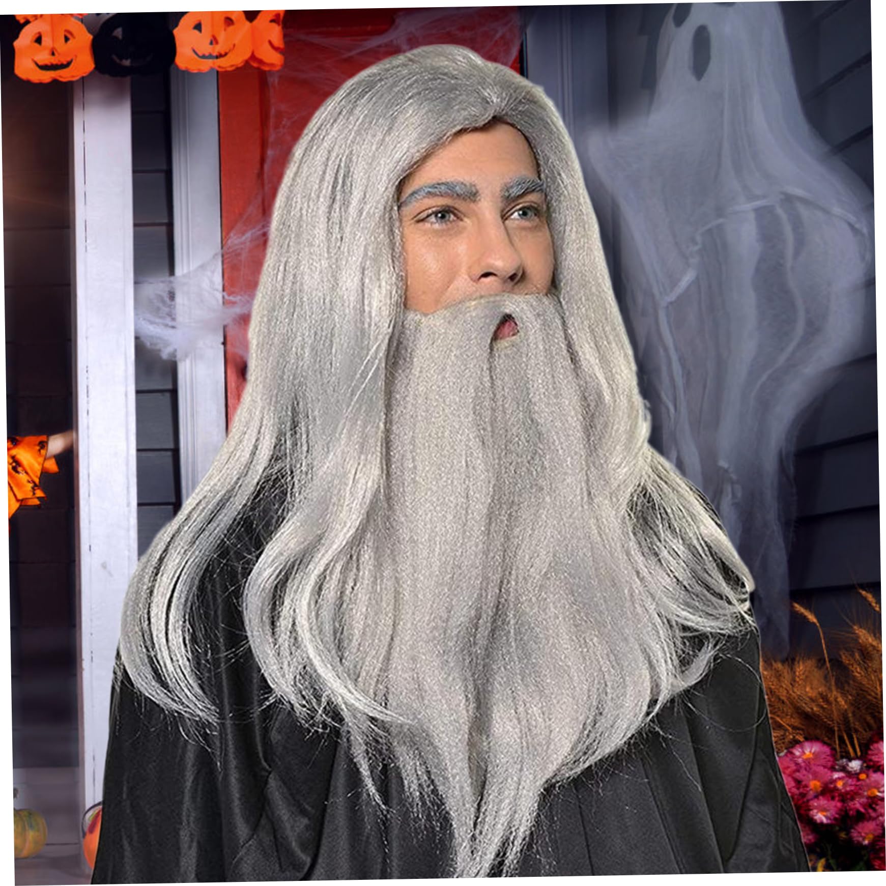Perruque De Magicien Avec Barbe Gris Foncé - Déguisement Gandalf, Merlin, Sorcier - Pour Hommes Et Femmes - Carnaval, Fêtes à Thème