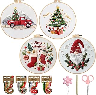 TPZBWG Christmas Embroidery Kit, 4 Pack Cross Stitch Kits,DIY Embroidery Starter Kit for Adults & Beginners, DIY Needlepoint Kit with Embroidery Hoop Thread Needle for Craft Lover Birthday Gifts 1