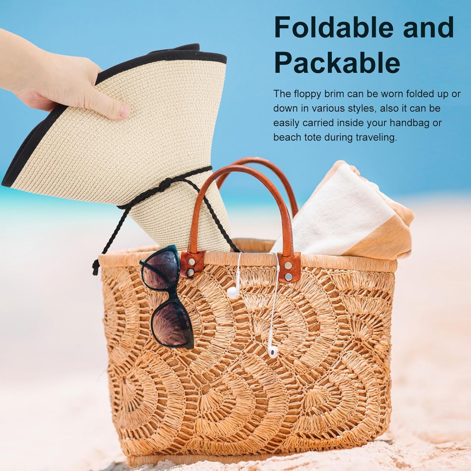 Beach Hats for Women Men Big Straw Wide Brim Summer Hat Floppy Foldable Roll up Cap for Beach Outdoor UPF 50+ - Image 6