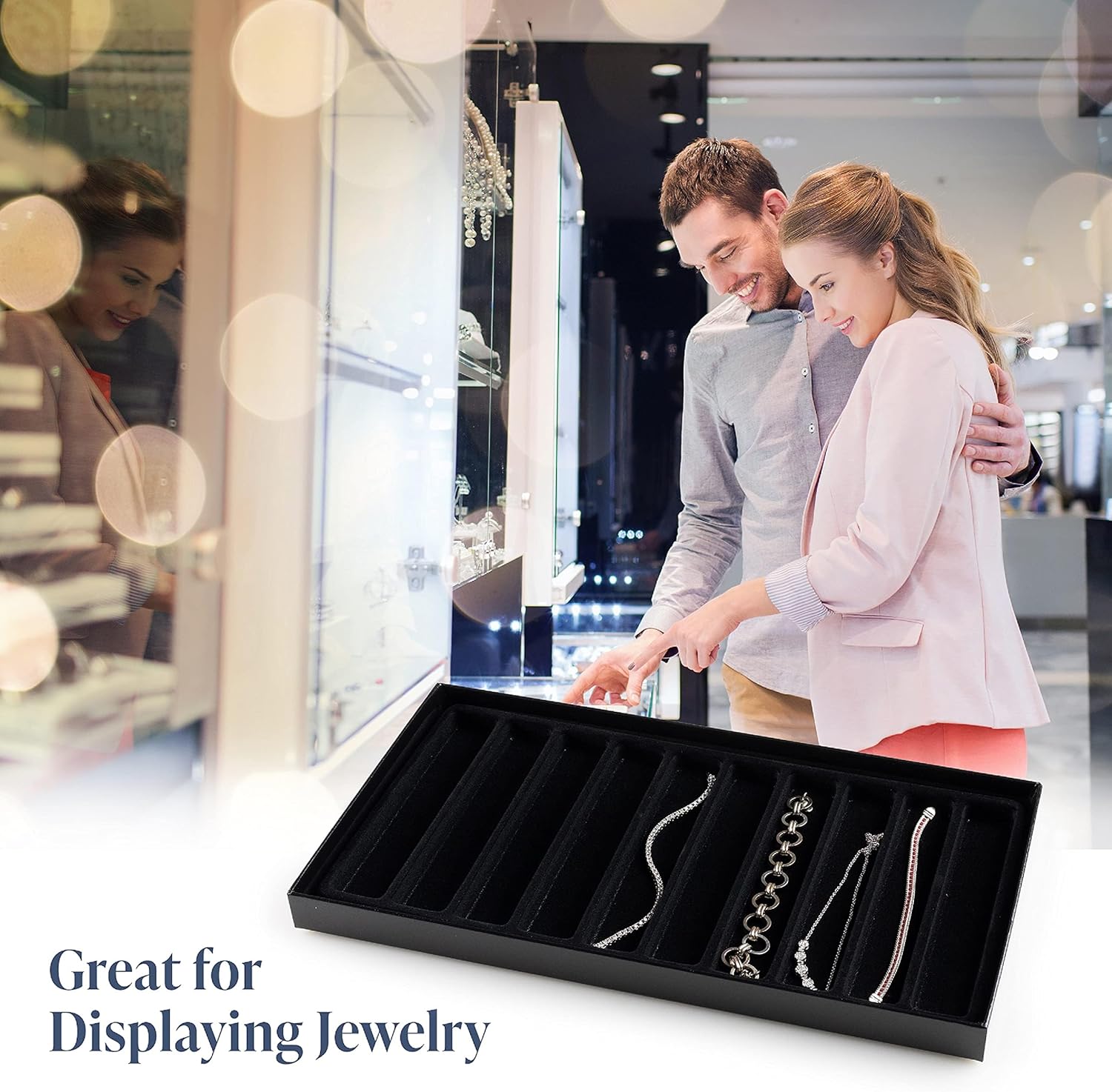 Novel Box Black Paperboard 10 Slot Jewelry Organizer Tray 14.75x8.25x1 Inches with Fitted Lid & Black Flocked Inserts - Jewelry Display Trays for Necklaces, Bracelets, and Chains