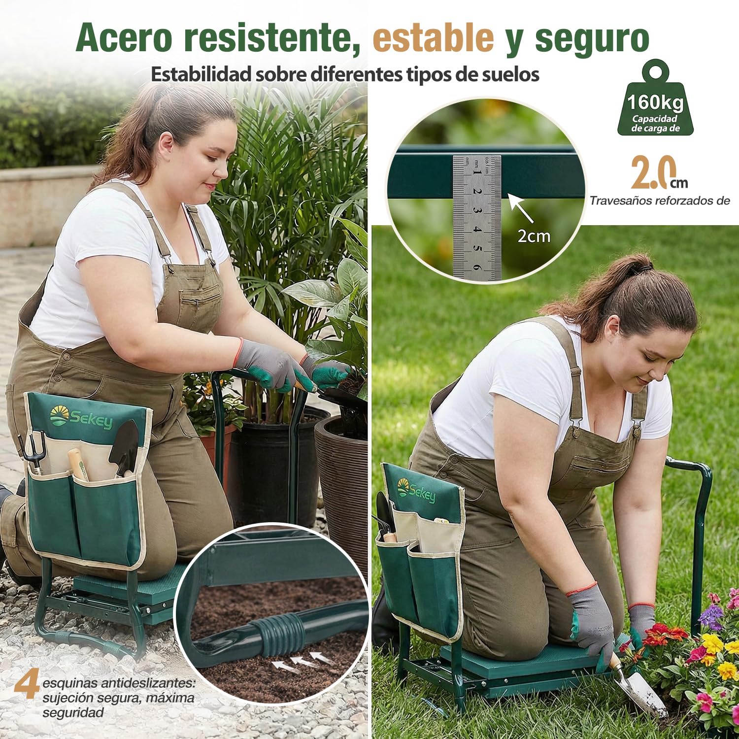 Sekey Reposarodillas Regulable en Altura para jardinería, Capacidad de Carga 160 kg, Taburete de jardín Plegable con Bolsillos para Herramientas, Ayuda para Rodillas para jardinería, 60 x 50 x 28 cm
