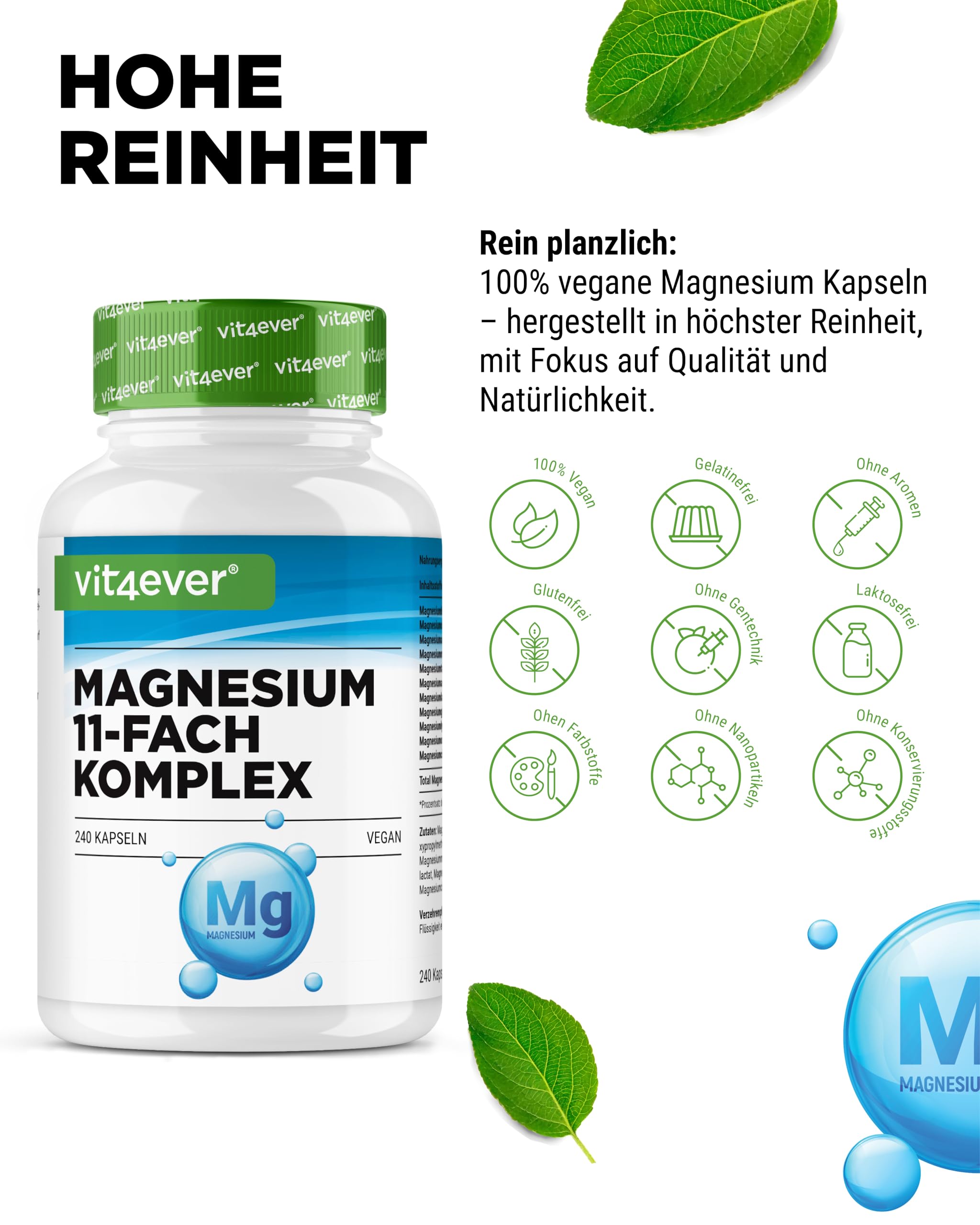 vit4ever Magnesium 11-fach Komplex - 240 Kapseln - aus 11 Verbindungen | 408 mg elementares Magnesium pro Tagesdosis, 11 hochwertige Magnesium-Formen, hohe Bioverfügbarkeit, vegan