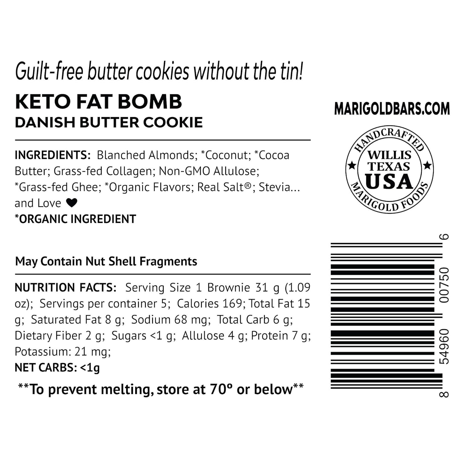 MariGold Keto Fat Bombs - Danish Butter Cookie - Low Carb, Collagen Rich, Grass-fed Ghee, Organic Cocoa Butter, Gluten-Free, Non-GMO (2 bags, 5 Servings each), No Weird Aftertaste