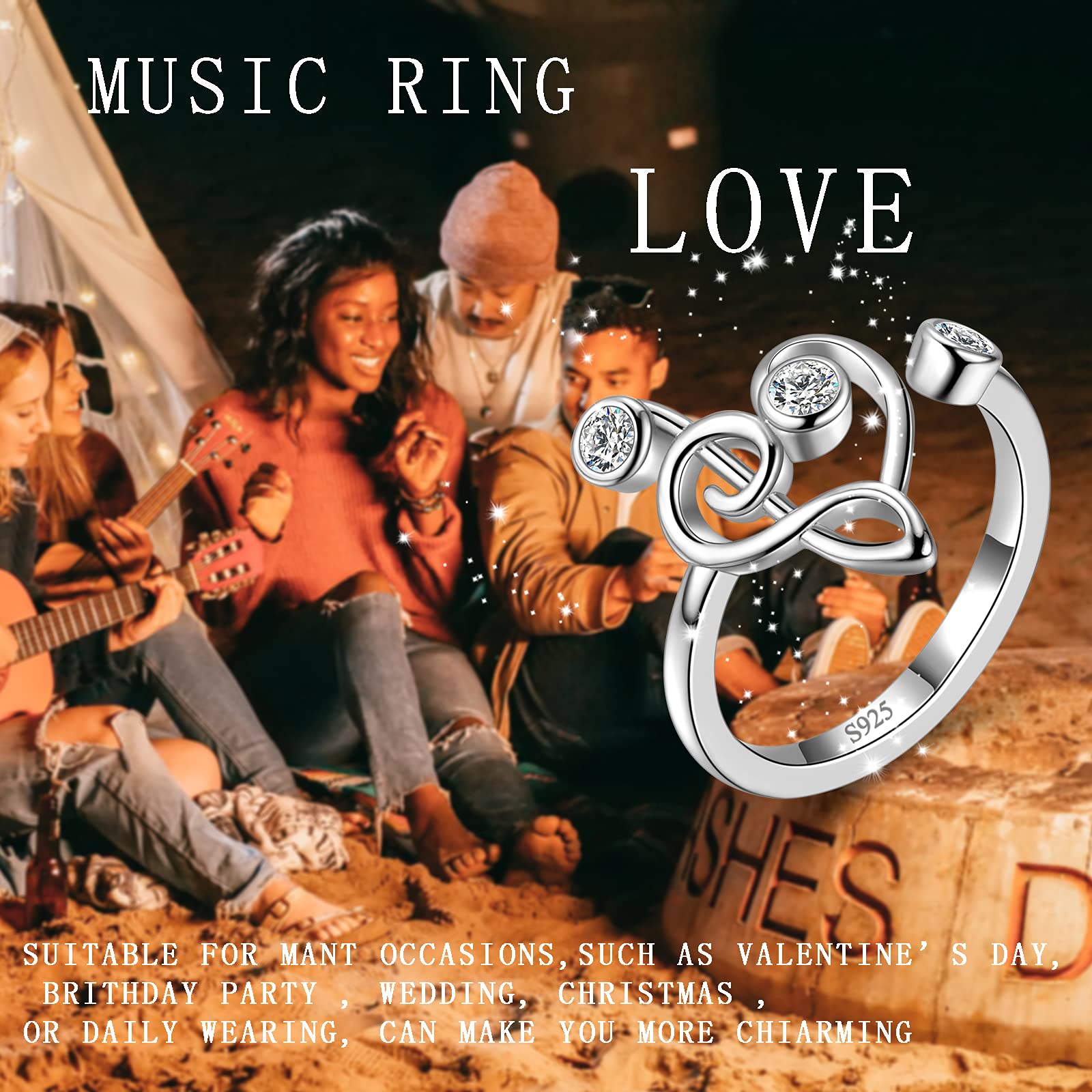 Aurora Tears Musikalische Note Einstellbare Ringe Harfe Violinschlüssel Offener Ring Schmuck für Frauen und Mädchen DR0131W-T