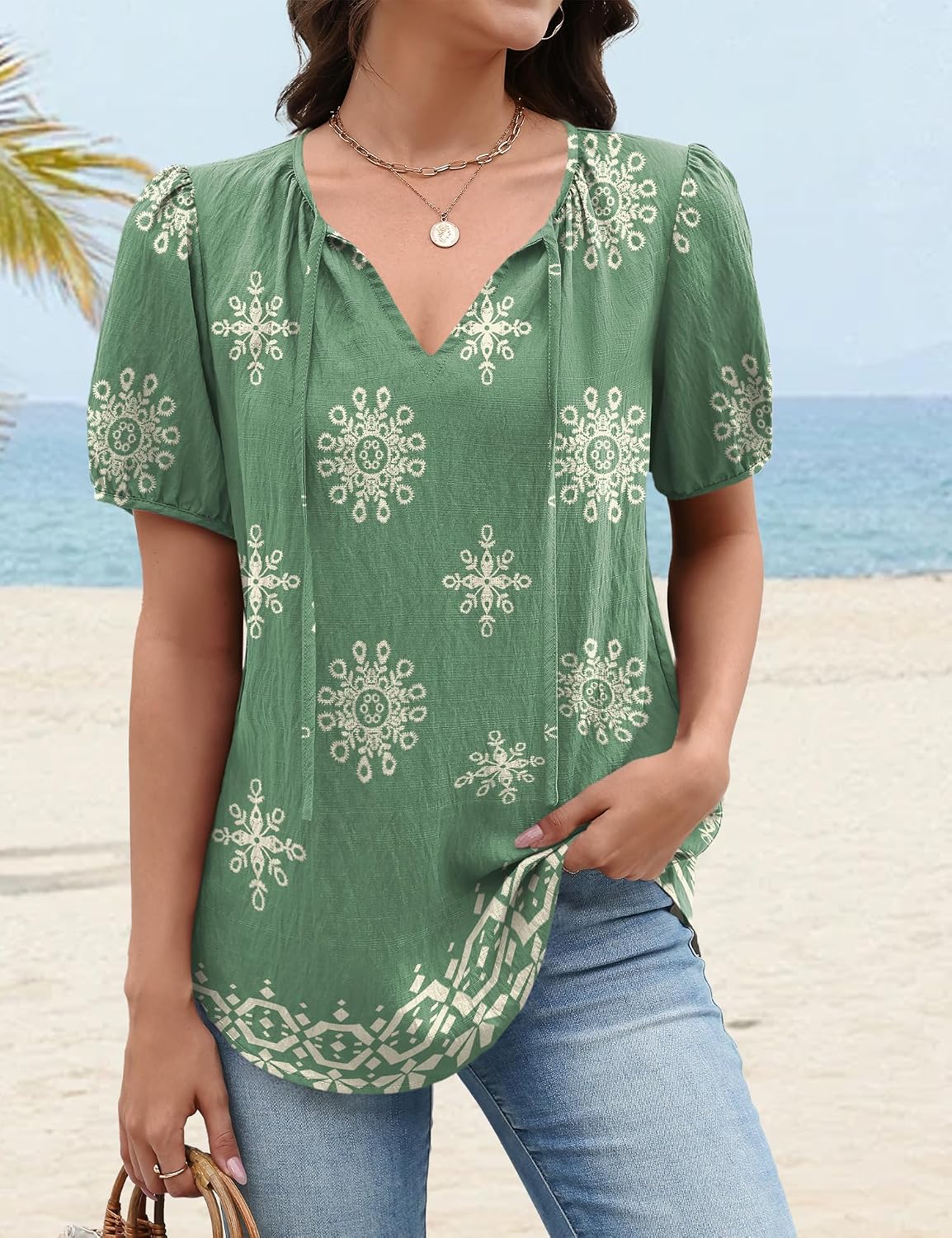 LOMON Boho Tops for Women Summer V-Neck Tie Front Peasant Blouses Casual Puff Sleeve Loose-Fit Flowy Shirts Beach Vacation