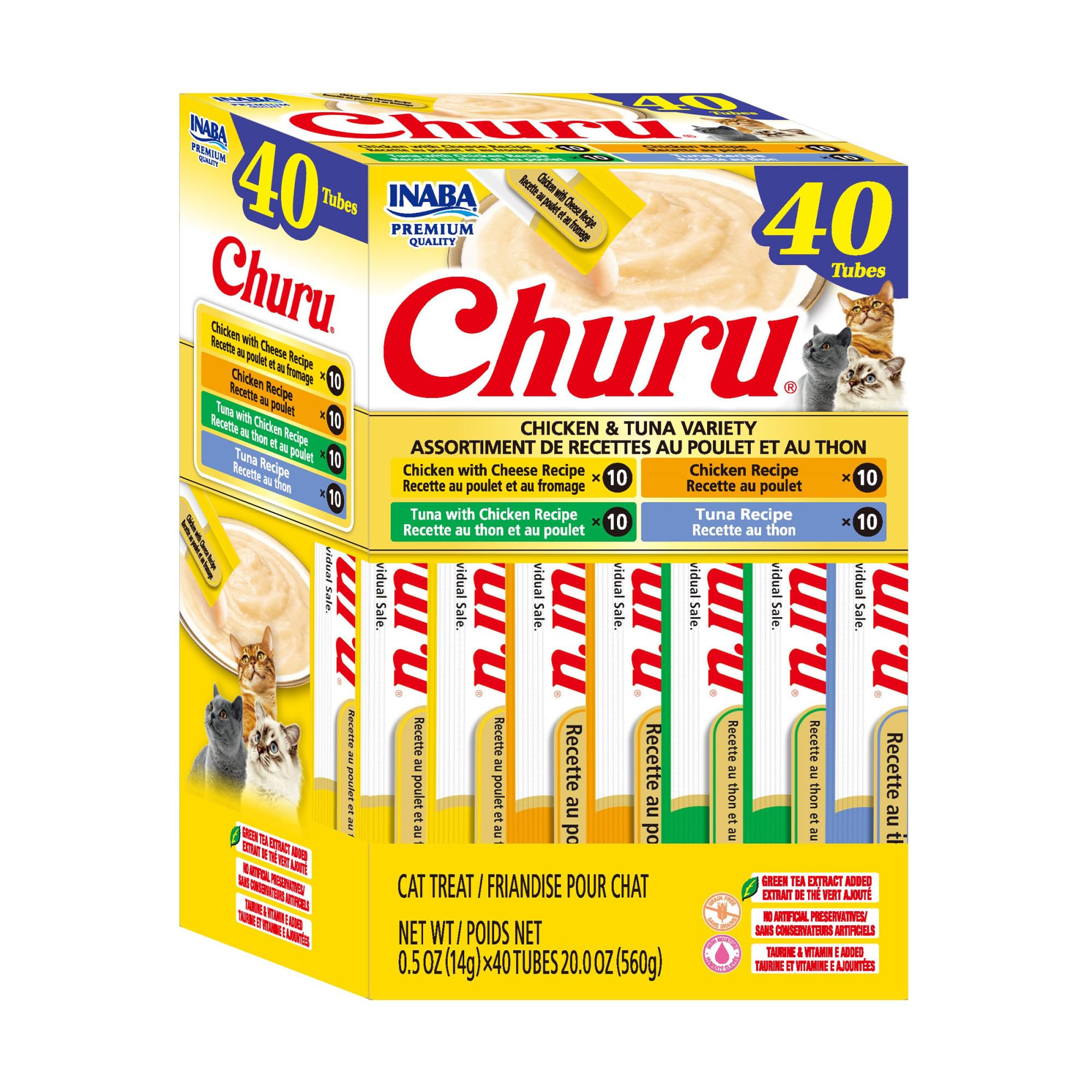 INABA Churu Cat Treats, Lickable, Squeezable Creamy Purée Cat Treat with Green Tea Extract &amp; Taurine, 0.5oz. Each Tube, 40 Tubes, Chicken &amp; Tuna Variety