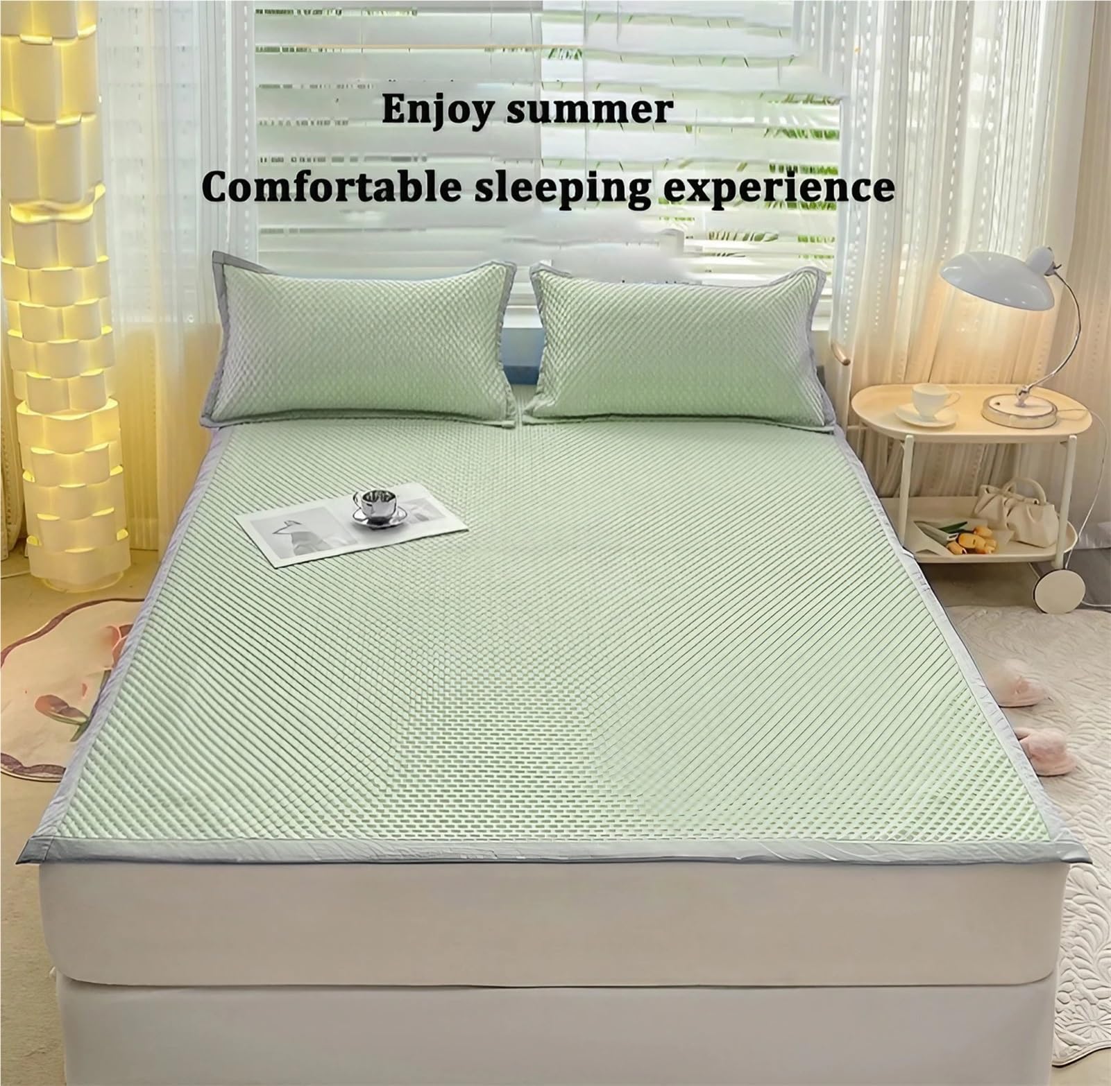 Sábanas Frías para El Verano - Juego De Sábanas Ajustables - Cubrecolchón Refrescante con Funda De Almohada - Funda Colchón De Seda Helada Lavable(Green,120 x 200 cm+1 Pillowcase)