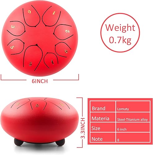 Miniatura 3 de LOMUTY Tambor de lengua de acero  8 notas de 6 pulgadas  Instrumento de percusión  Tambor de mano con bolsa, libro de música, mazos, púas de dedo (6