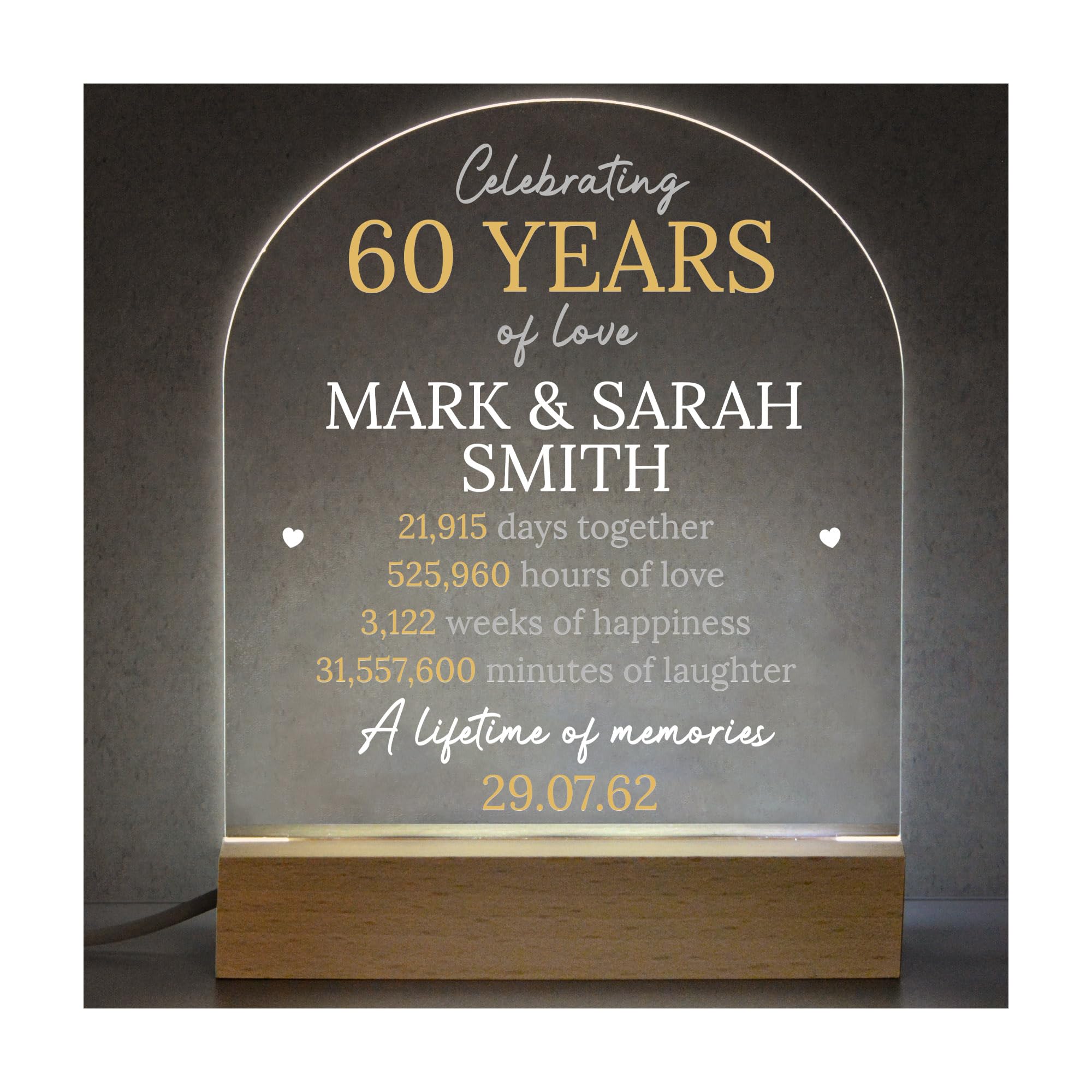 60th Wedding Anniversary Gifts For Parents Grandparents, Personalised Diamond Anniversary LED Lamp Light, Grandparents 60th Anniversary, 60 Years Married