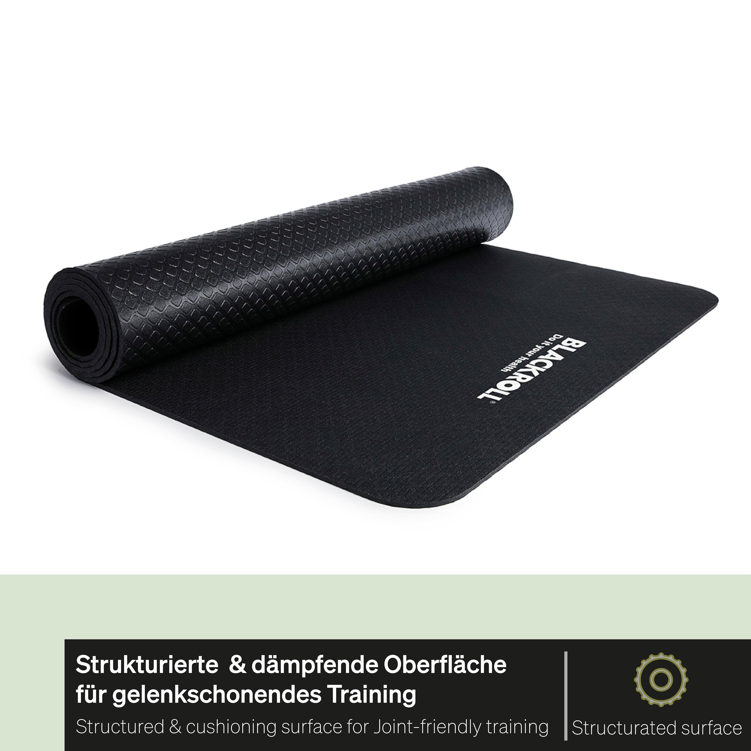 BLACKROLL® MAT (65 x 185 cm), rutschfeste Fitnessmatte für gelenkschonendes Training, Sportmatte mit strukturierter Oberfläche, gedämpfte Gymnastikmatte für Yoga & Pilates, Made in Germany, Schwarz