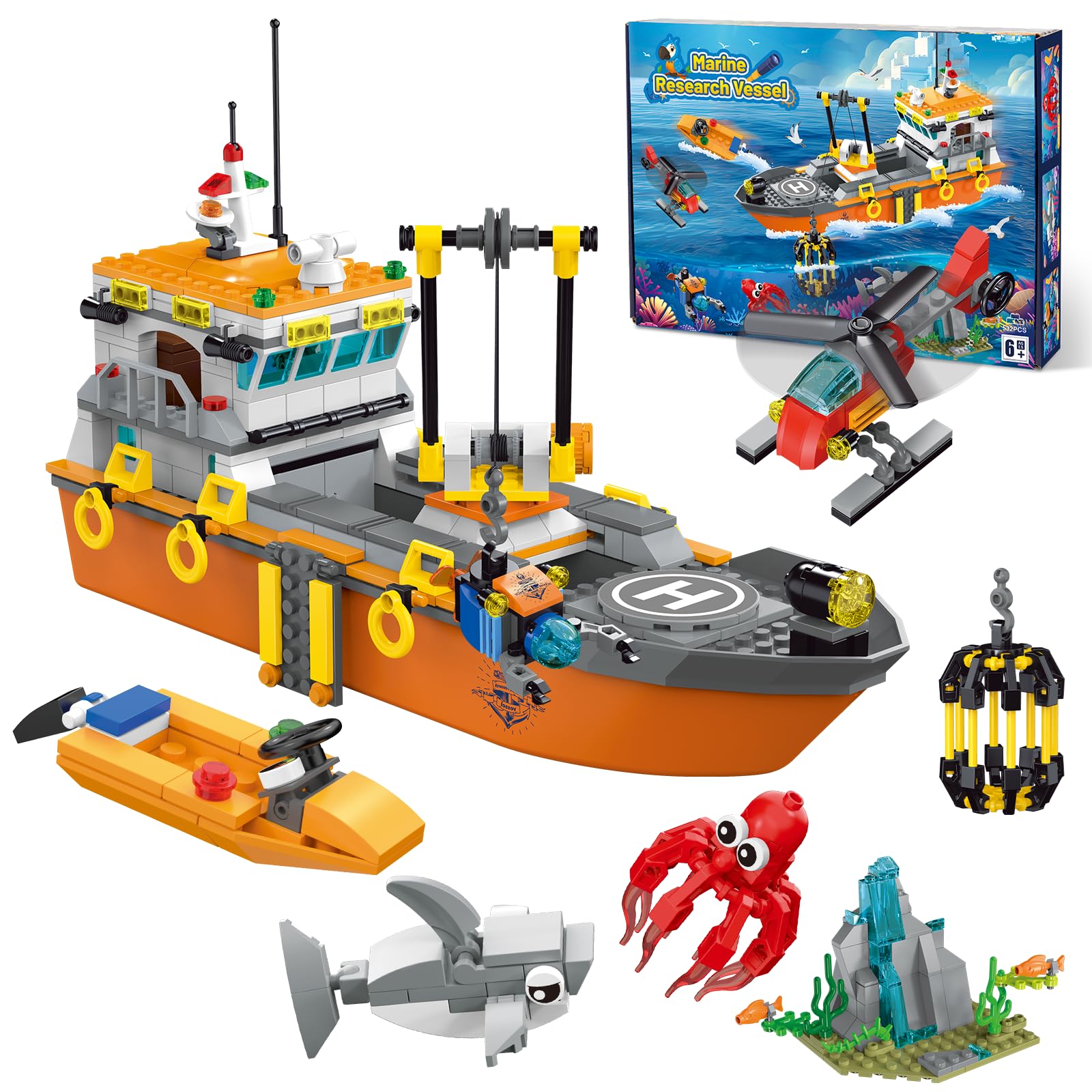 kiothdre City Forschungsschiff Baukasten mit LED Licht – Spaß Schwimmfähiges Boot Baustein Ozean Exploration mit, Hubschrauber, U-Boot, Haikäfig – Geburtstags Geschenk für Jungen Mädchen ab 6+ Jahren