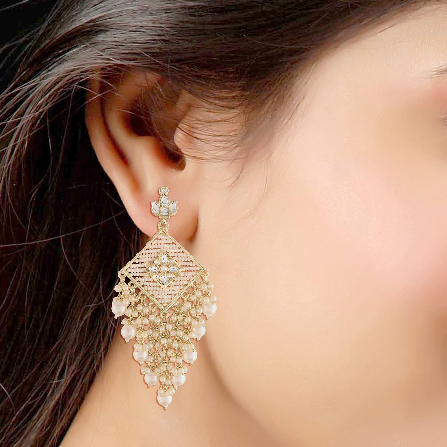I Jewels 18k Gold Plated Traditional Kundan Studded Pearl Drop Earrings For Women (E2943W)