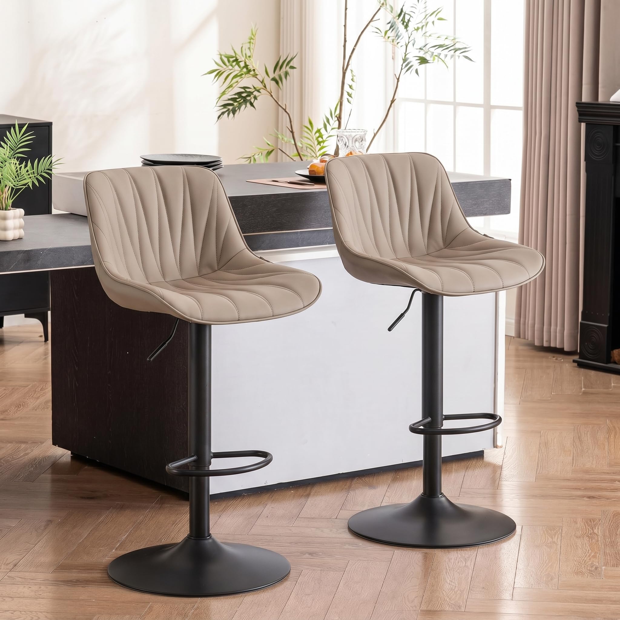 YOUNIKE Bar Stools Set of 2, Swivel Tall Barstools with Back, Adjustable Height Faux Leather Upholstered Modern Counter Height Bar Chairs, Khaki