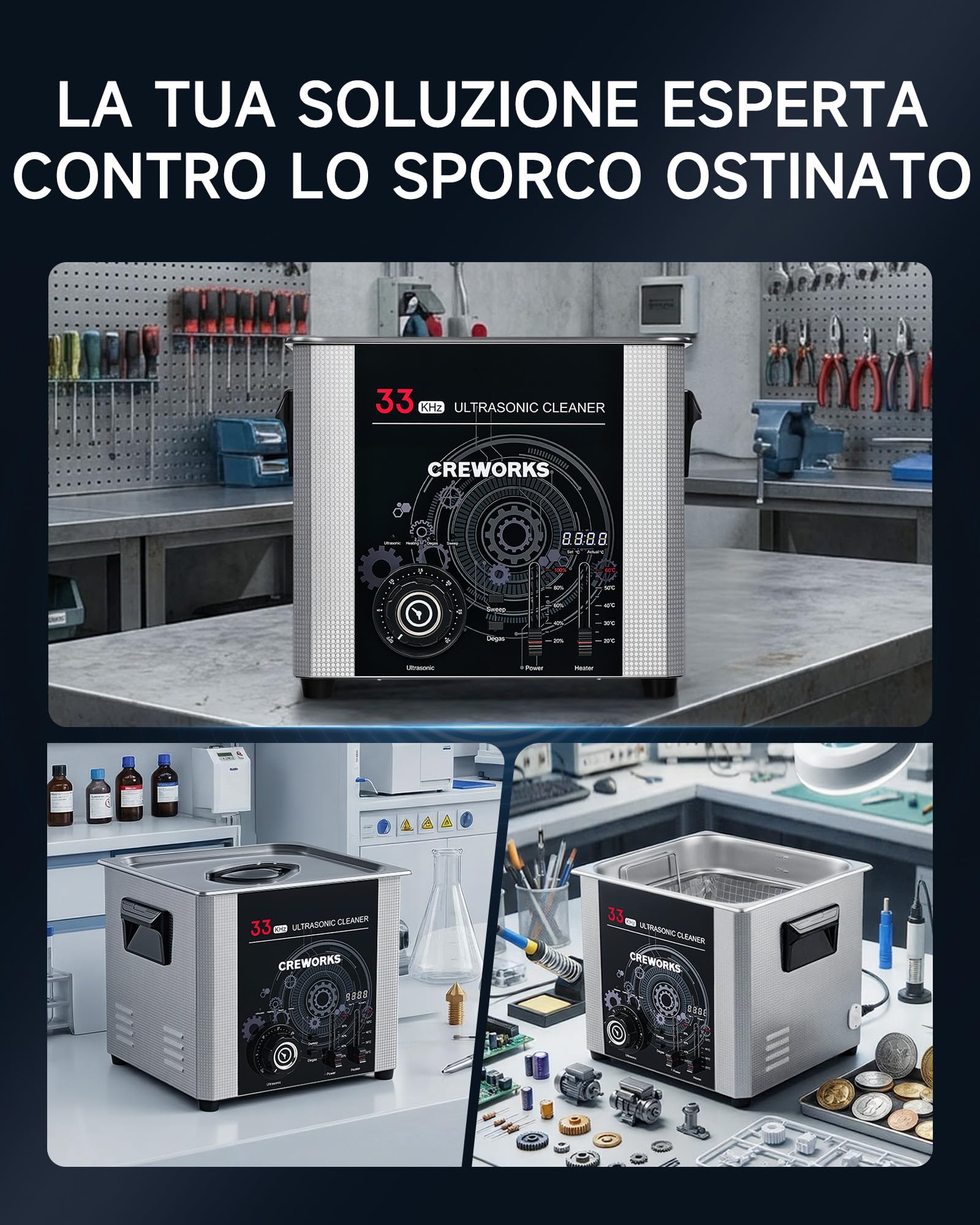 CREWORKS 15L Pulitore a Ultrasuoni Professionale 33kHz 360W Vasca Ultrasuoni Industriale con 450W Riscaldamento Tecnologia Sweep Timer e Temperatura Regolabili per Officina Laboratorio e Carburatori