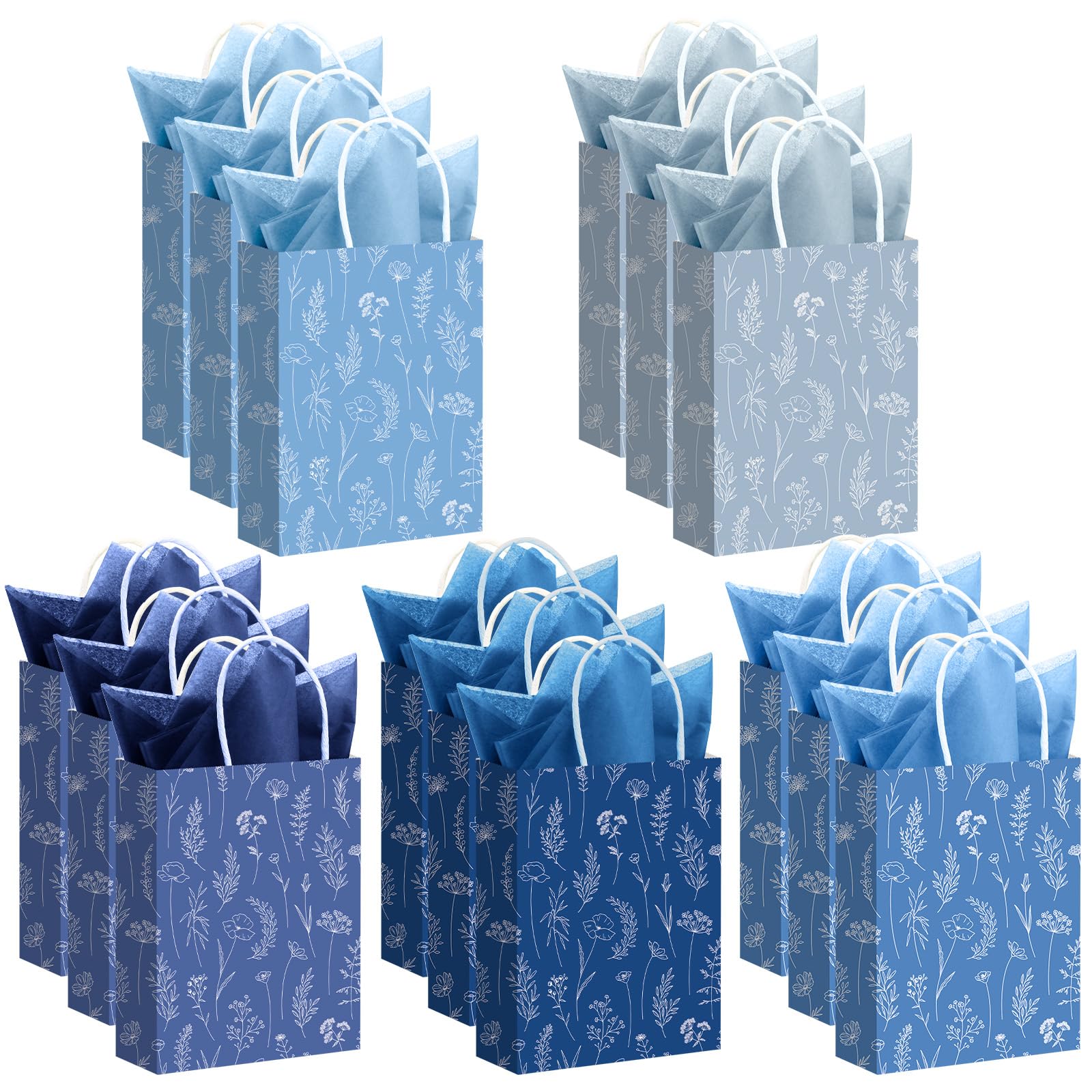 Kolldenn 50 Set Floral Gift Bags with Tissue Paper Thank You Gift Bags with Handle Wedding Bridal Showers Birthdays Baby Showers Party Supplies (Blue,