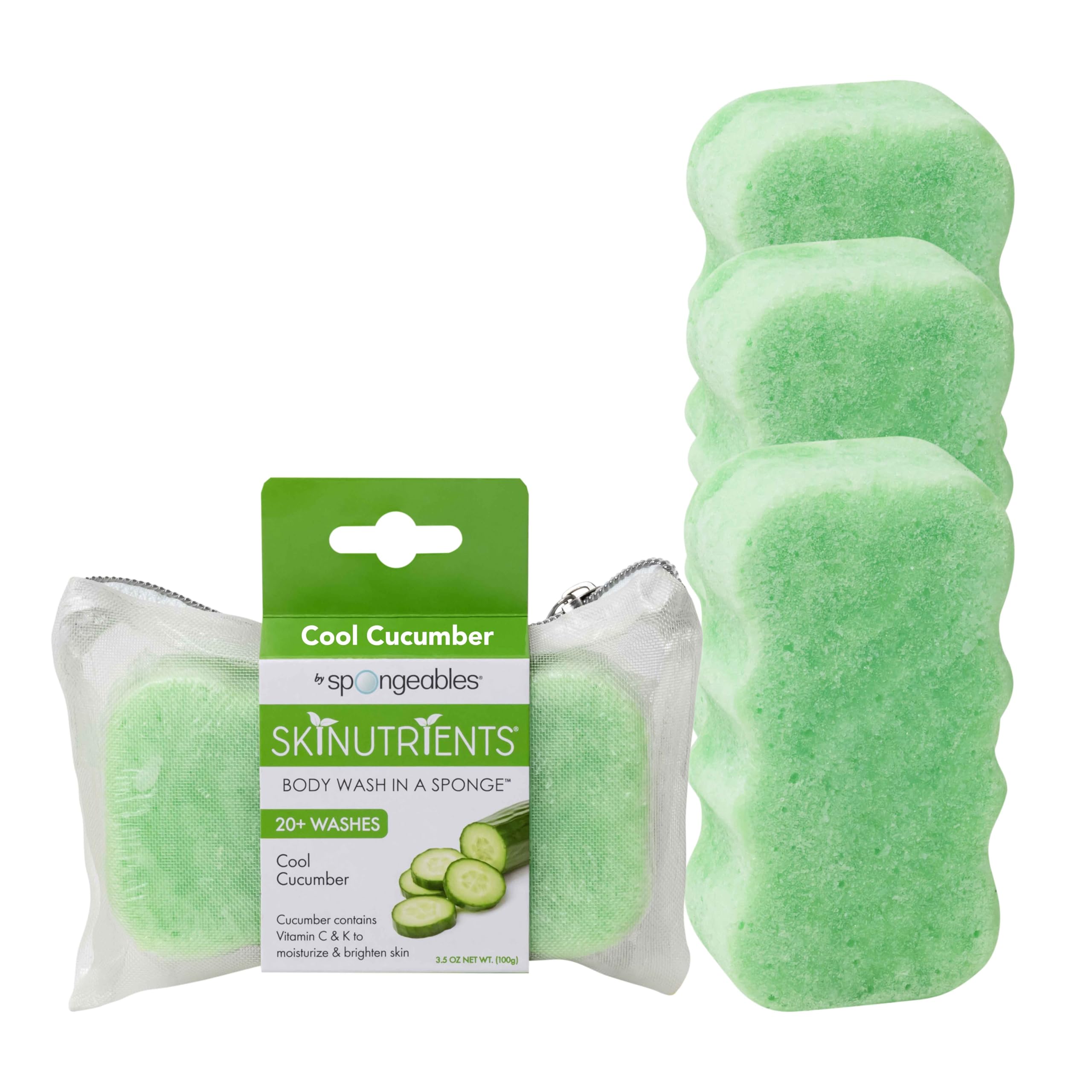 Spongeable skinutrients Moisturizing Body, Wash in a Sponge With Bonus Travel Bag, 20+ Washes, Cucumber, 3 Count