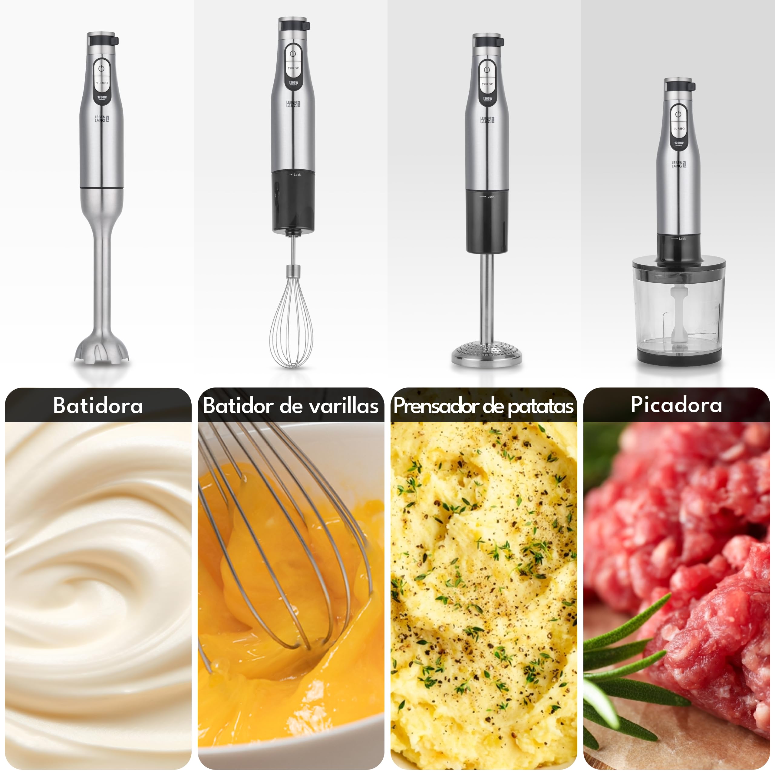 LEBENLANG Premium Set Batidora mano 1200w - Incl. 5x accesorios & protector contra salpicaduras I Infinitamente ajustable & turbo I Trituradora de alimentos Minipimer Blender Batidoras brazo Mixer