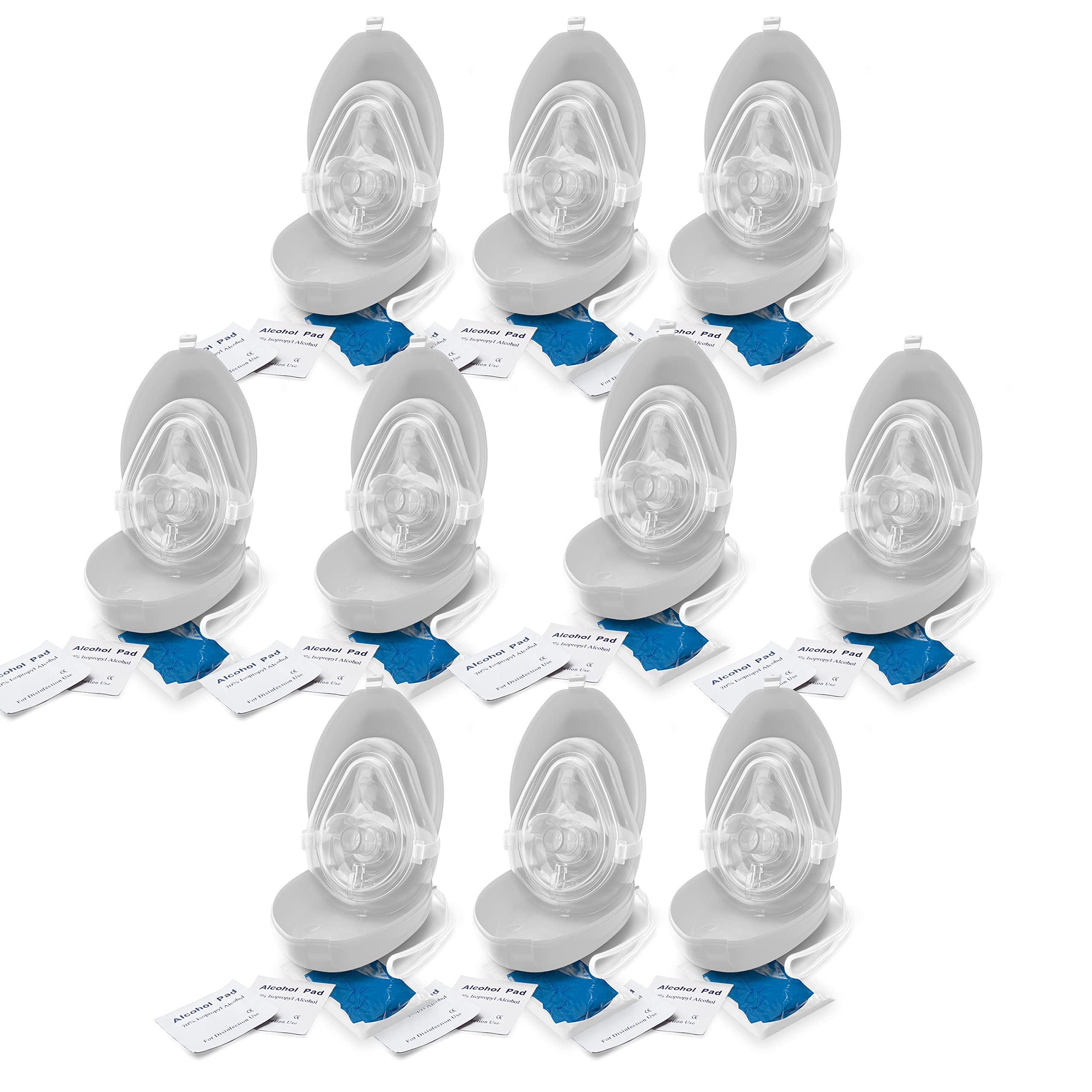 EMS XTRM Medical CPR Rescue Mask, Adult/Child Pocket Resuscitator, Hard Case with Wrist Strap, Pocket CPR Mask w/O2 with Gloves - 10 Pack