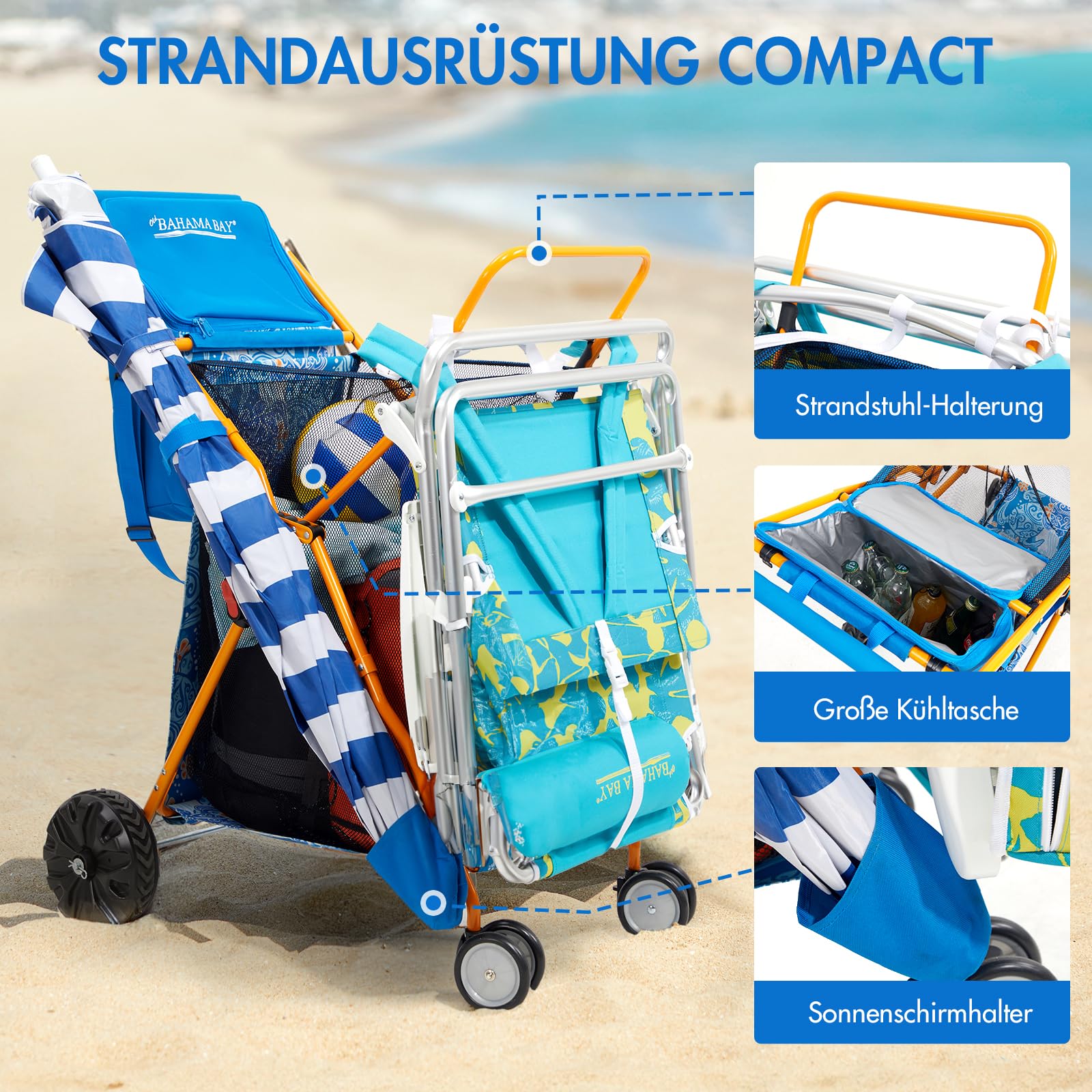 Old Bahama Bay Strandwagen klappbar mit Abnehmbarer 20L Kühltasche Bollerwagen faltbar mit großen All-Terrain-Rädern Faltwagen Transportwagen für Sand Strand Camping Garten