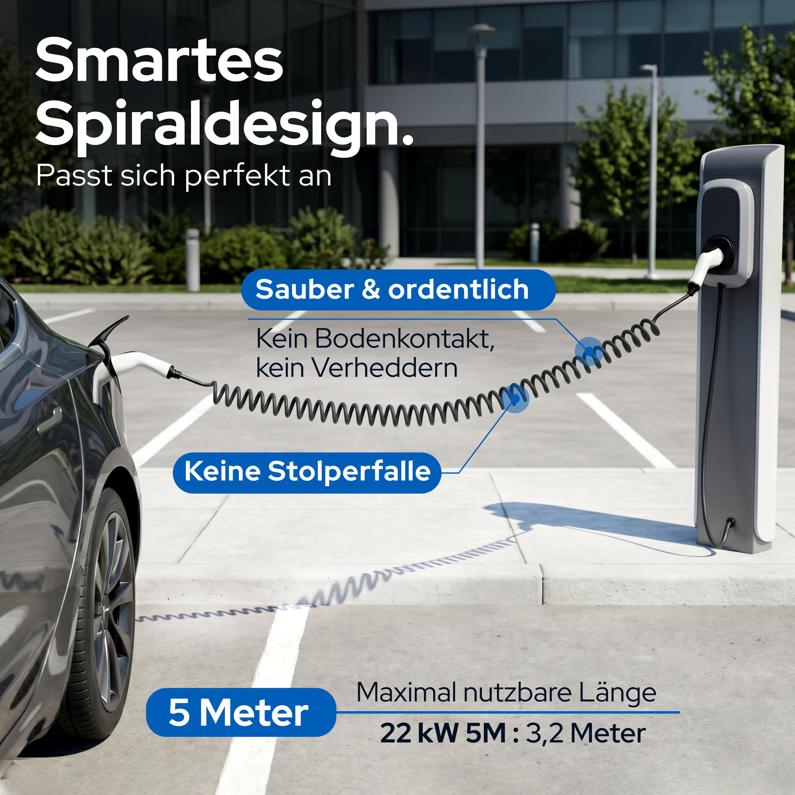 Typ 2 Spiralladekabel 22kW 5M 32A für Elektroauto & Hybrid inkl. Kabeltasche • Spiralkabel 3 phasig für EV PHEV • Platzsparend, geeignet für alle E Autos Modell 3 S X Y, ID3, ID4, ID5
