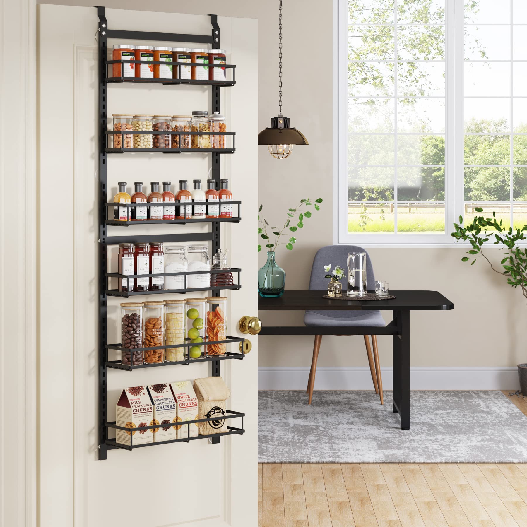 1Easylife Over the Door Pantry Organizer: 6-Tier Metal Pantry Door Organizer Heavy Duty, Adjustable Hanging Spice Rack with 6 Basket, Back of Door Pantry Organization and Storage for Kitchen