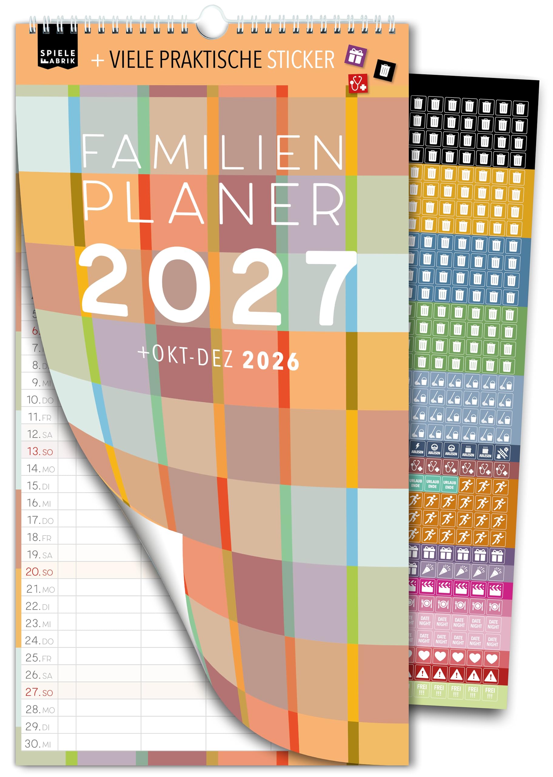Spielefabrik® Familienkalender 2027 Familienplaner 5 Spalten FARBENFROH Kalender 23 x 43 cm Colour Blocking und Gute Laune Bunter Wandkalender im modernen Design mit Stickern Ferien und Feiertagen