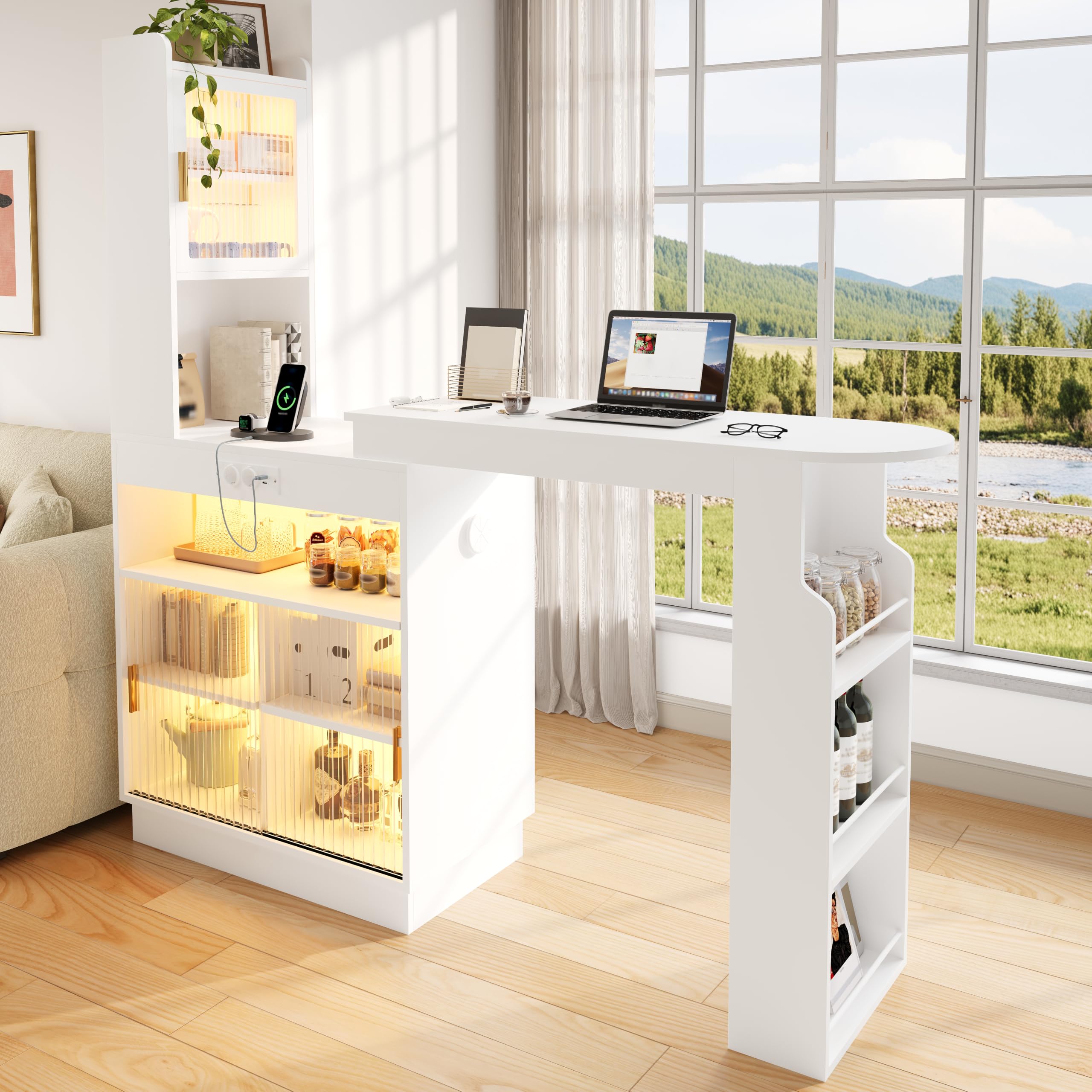 Table de Bar Extensible Mange-Debout avec Rangement Blanc 131-170 cm
